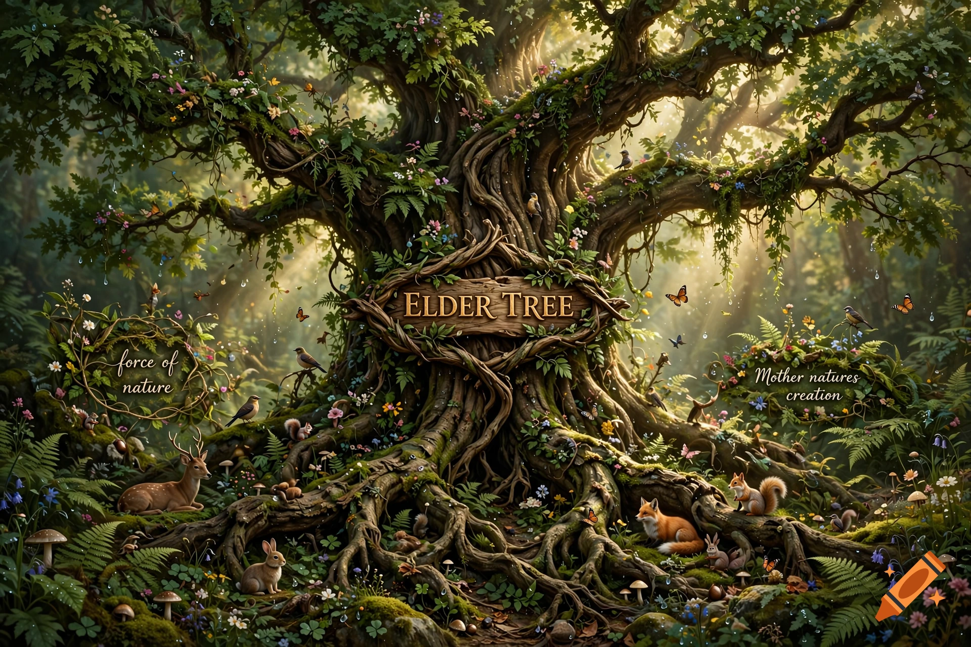Fantasy illustration of a giant ancient tree with an ELDER TREE sign carved on it, surrounded by lush greenery, flowers, and animals.