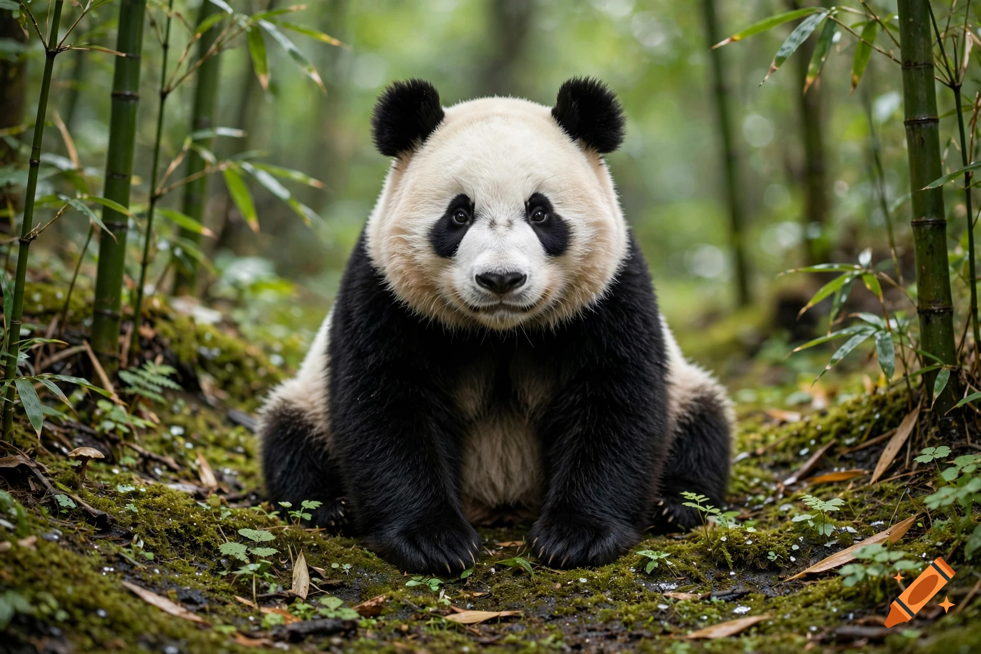 Photorealistic image of a giant panda sitting in a lush bamboo forest.