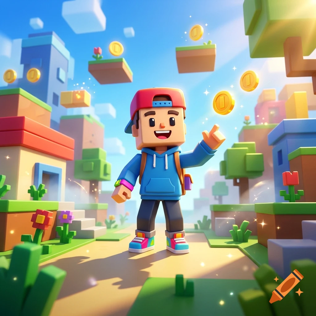 A stylized blocky character in a blue hoodie and red cap stands in a voxel-style landscape with floating gold coins and buildings under a bright sky.