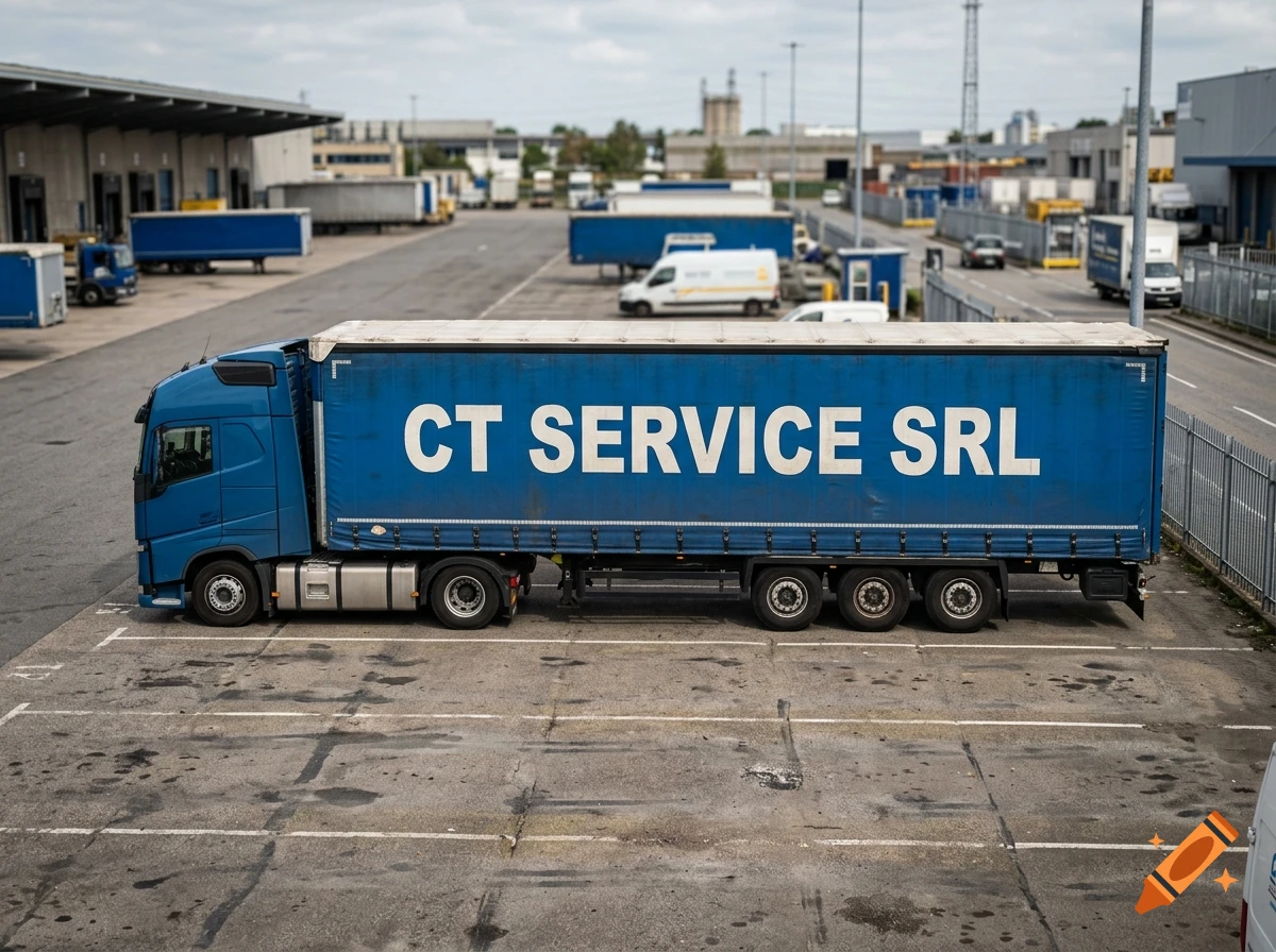Photorealistic side view of a blue semi-truck with a trailer featuring the text CT SERVICE SRL parked in a lot.