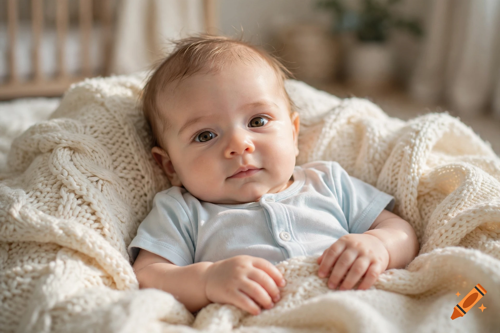 Close-up photorealistic portrait of a baby lying comfortably wrapped in a soft white knitted blanket.