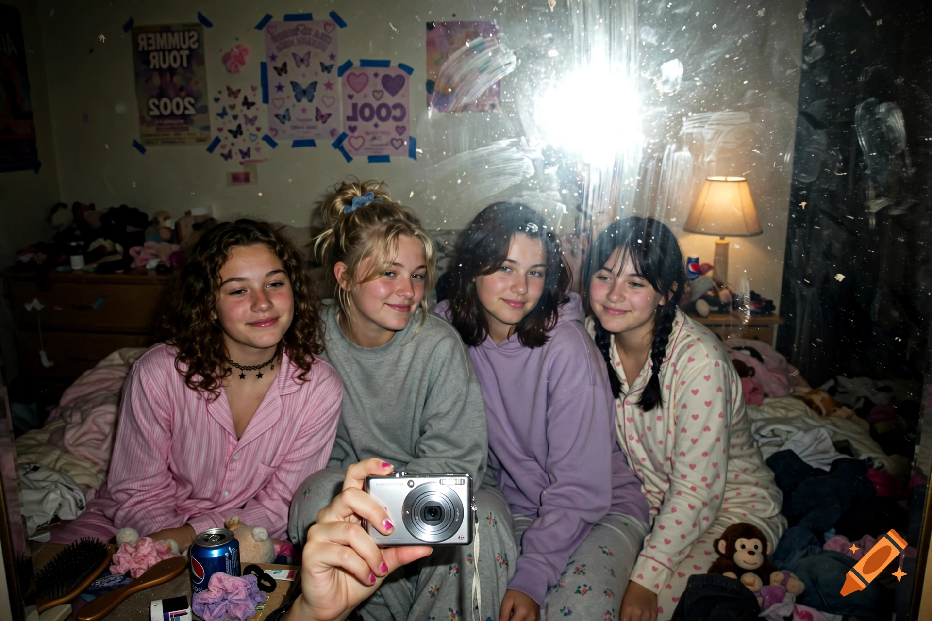 Amateur 2000s mirror selfie of four teenage girls having a sleepover in a bedroom with flash photography.