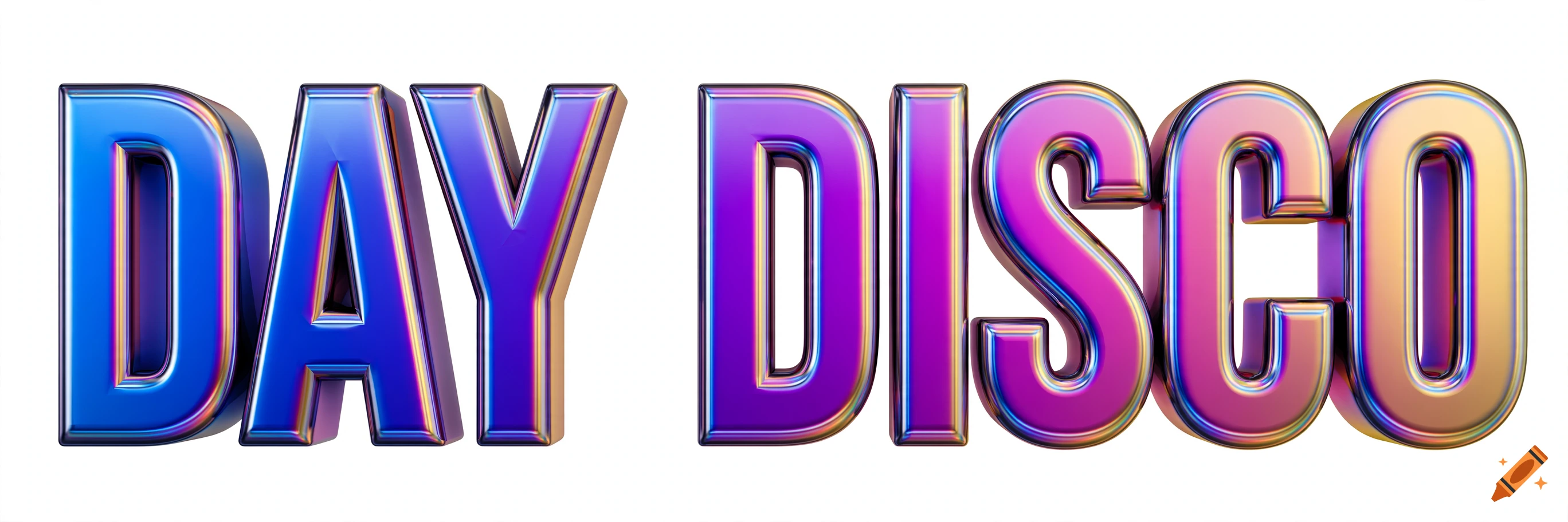 3D text reading DAY DISCO in iridescent blue, purple, and gold colors against a white background.
