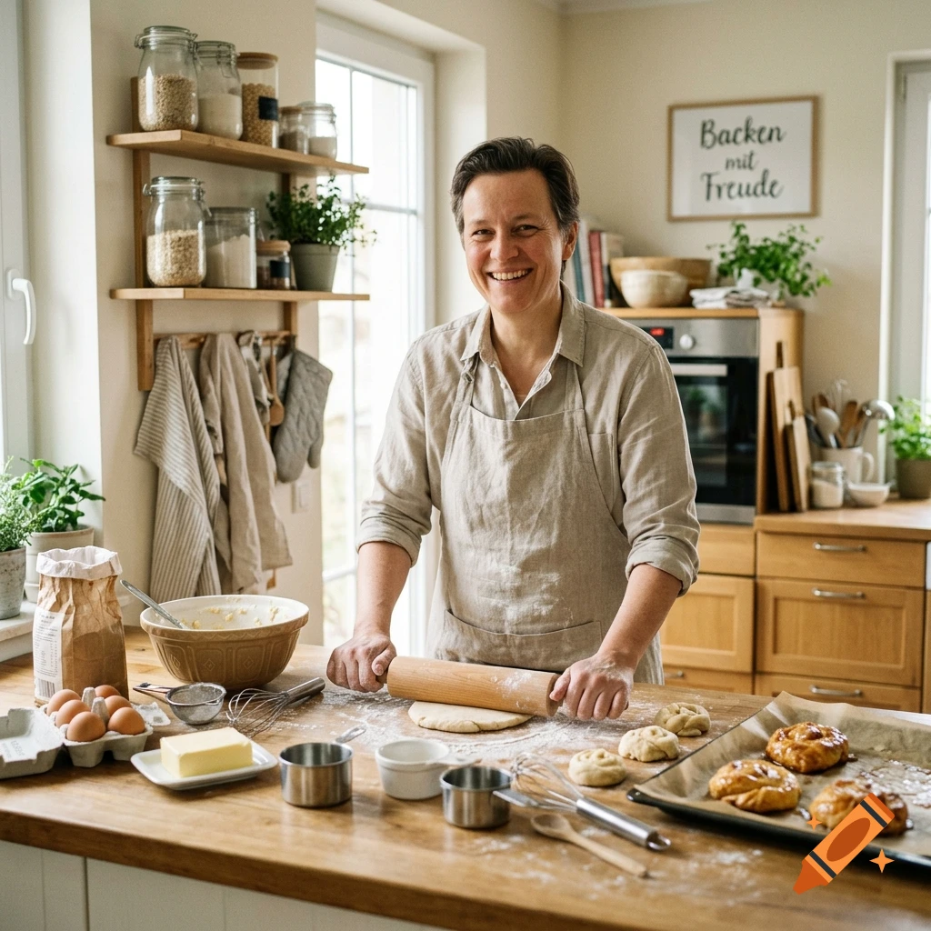 Photorealistic image of a person smiling while baking in a brightly lit kitchen.