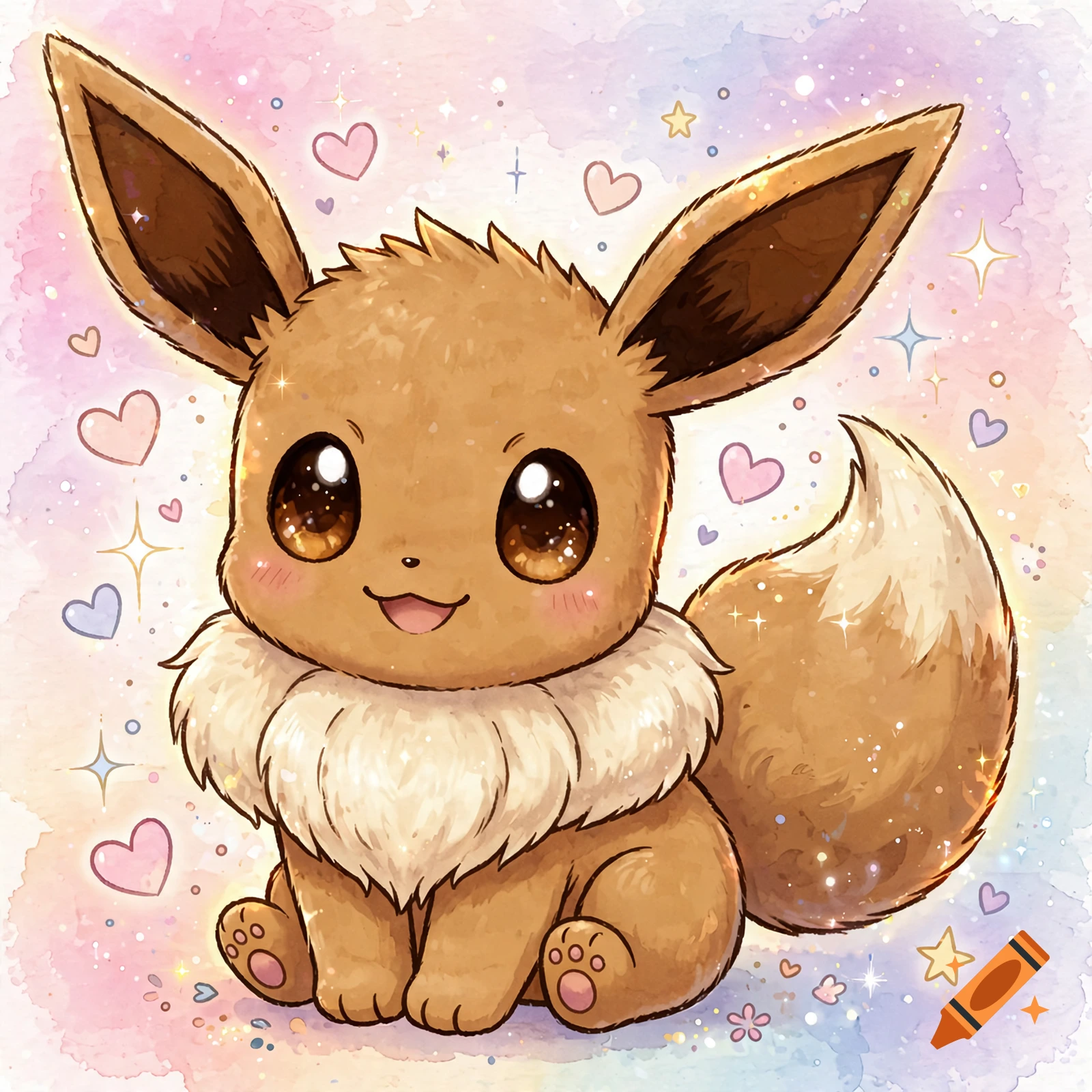 Chibi Eevee with big sparkly eyes and a fluffy cream collar in a cute watercolor style with pastel background and hearts.