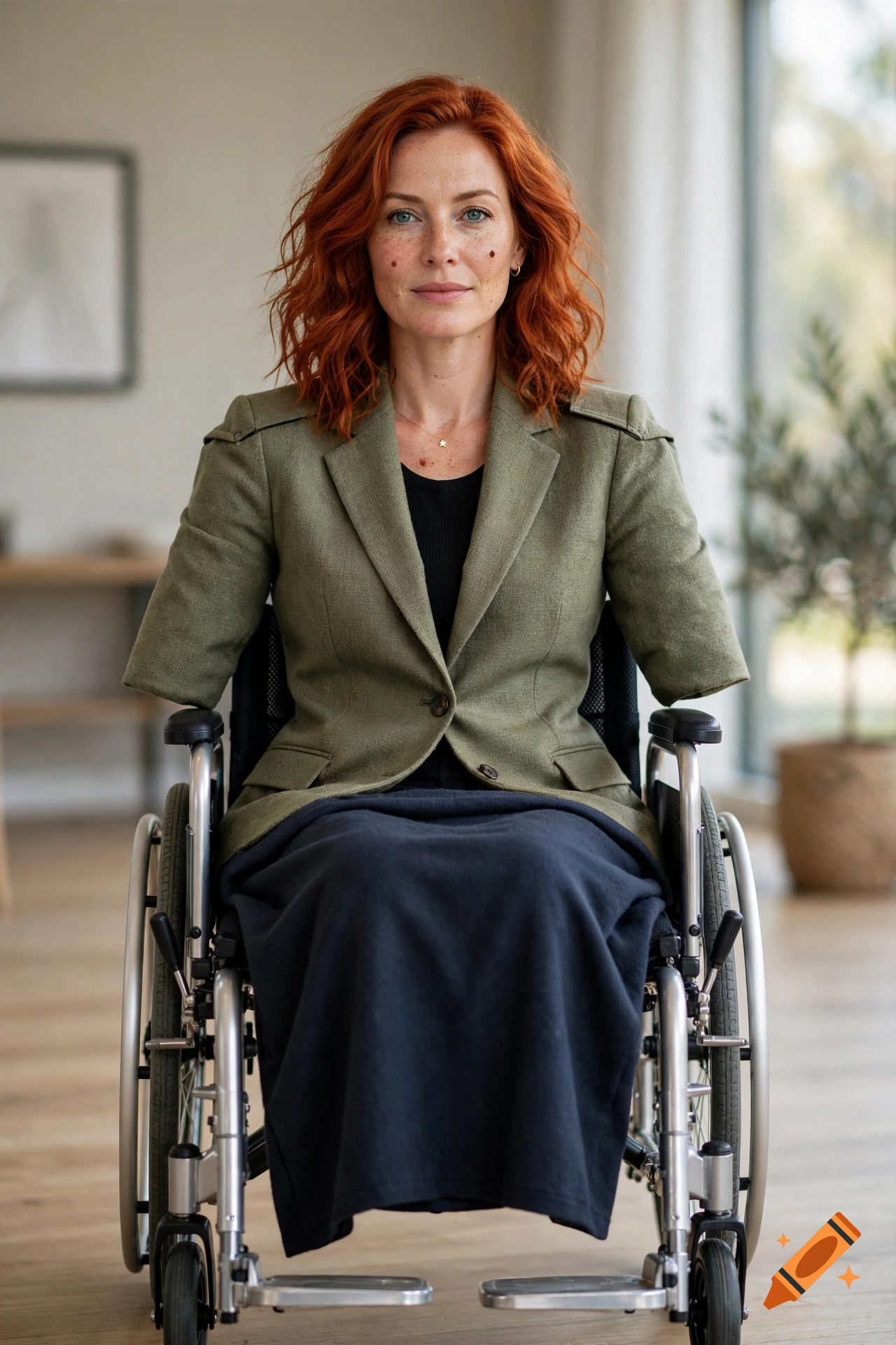 Photorealistic portrait of a red-haired woman with amputations sitting in a wheelchair.