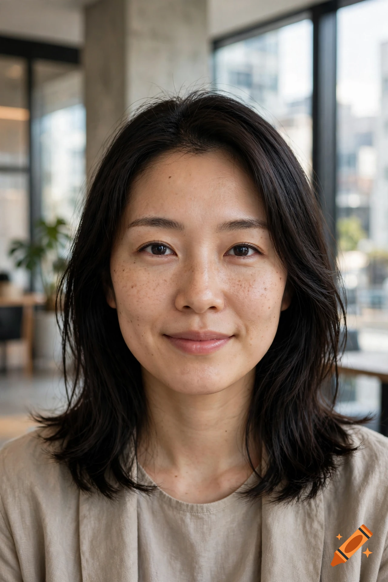 Close-up portrait of a 25-year-old Japanese woman with dark hair and freckles, smiling gently in a well-lit indoor setting.