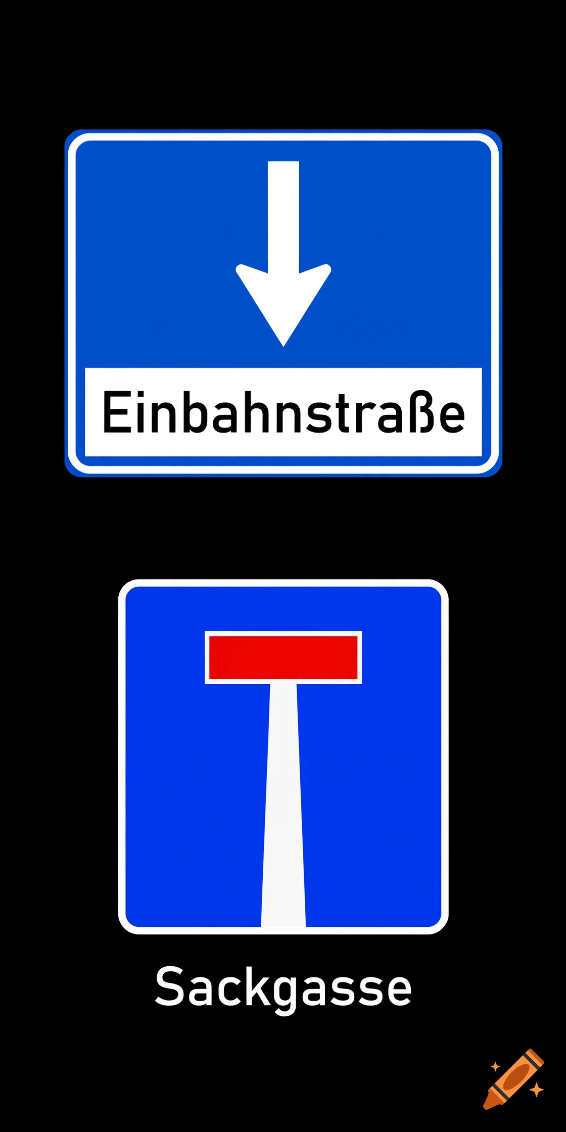 Two blue traffic signs against a black background, with the top sign indicating a one-way street and the bottom sign indicating a dead end.