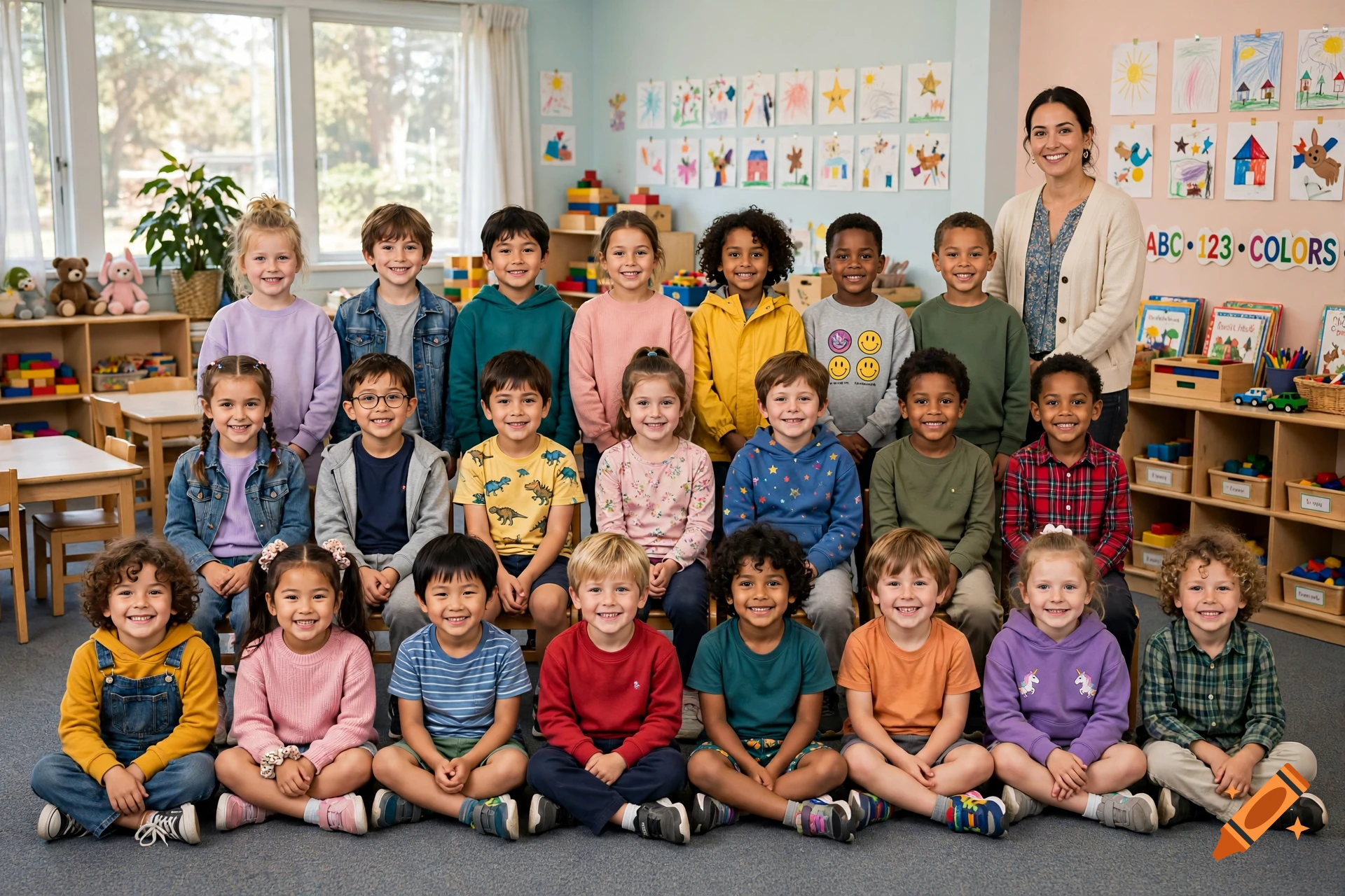 Classroom portrait of twenty-two smiling preschool children and a female teacher posing together.