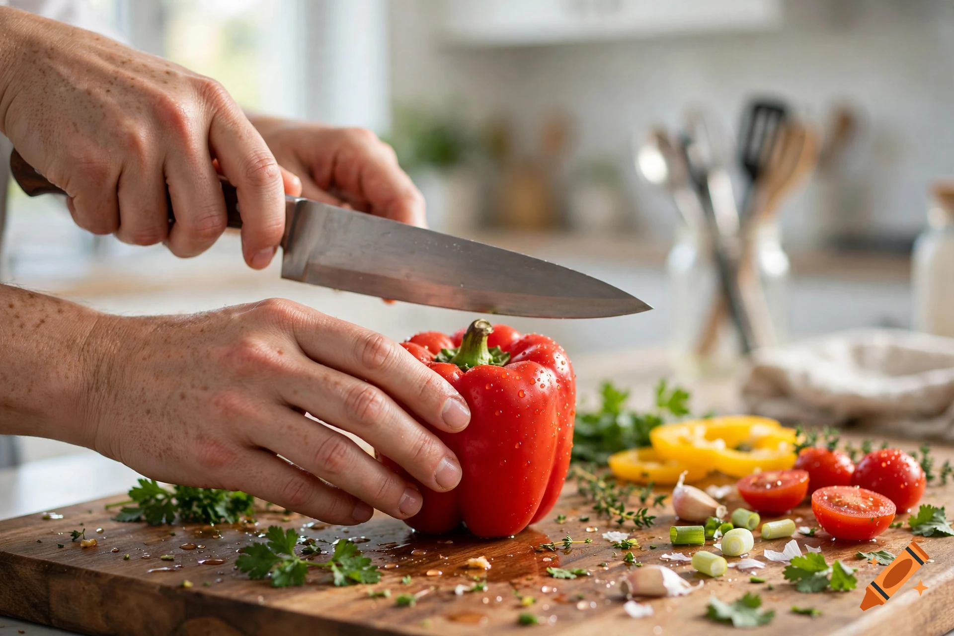 Close-up of hands slicing a red bell pepper on a wooden cutting board with vegetables.