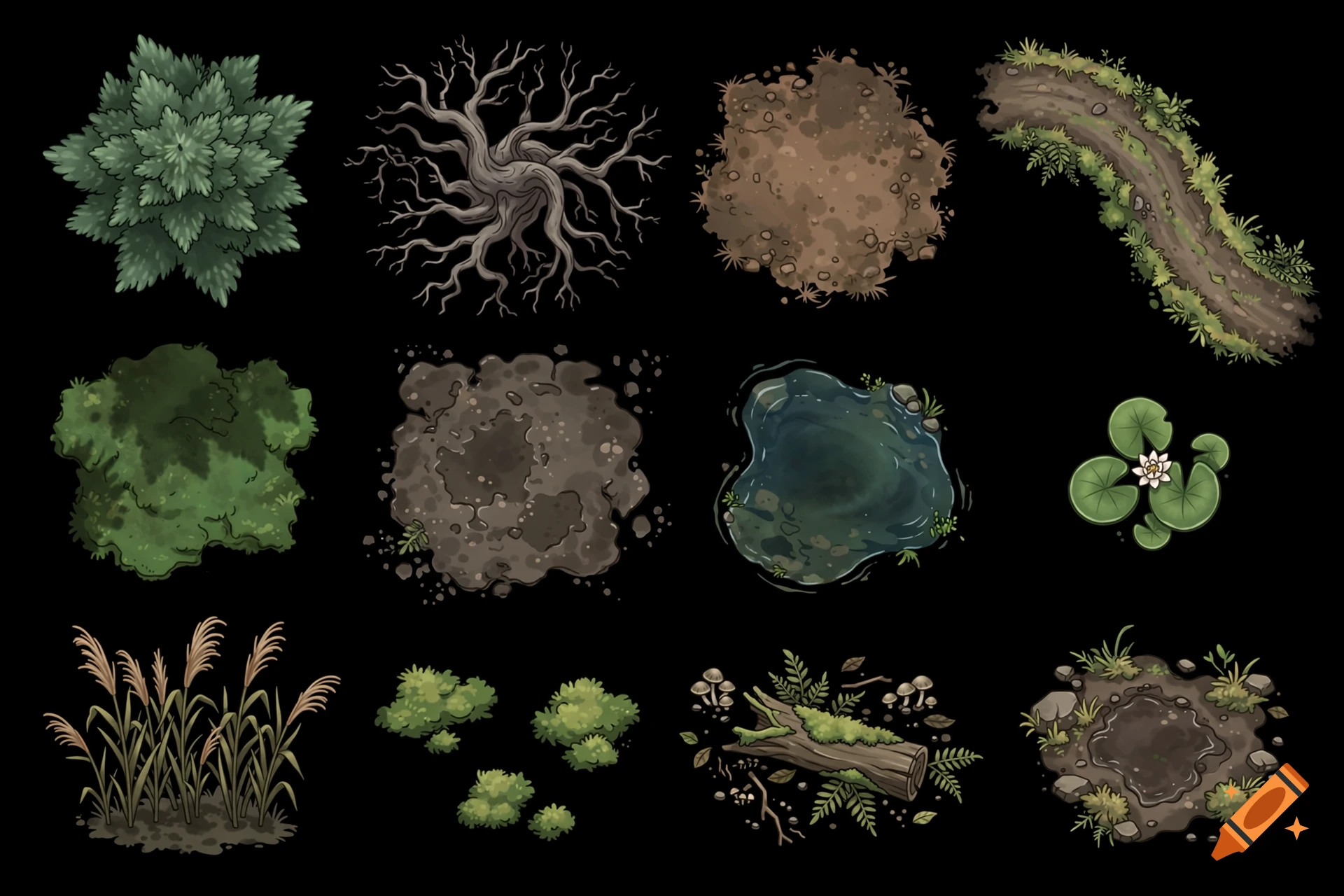Top-down illustration of various natural terrain elements including trees, bushes, dirt patches, a path, a pond, mushrooms, and a log on a black background.