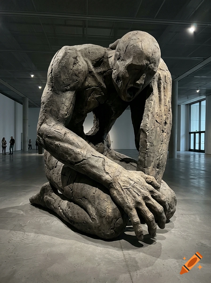 Photorealistic image of a large, rough-textured grey stone sculpture of a kneeling human figure with a hollow torso and screaming face, inside a museum gallery.