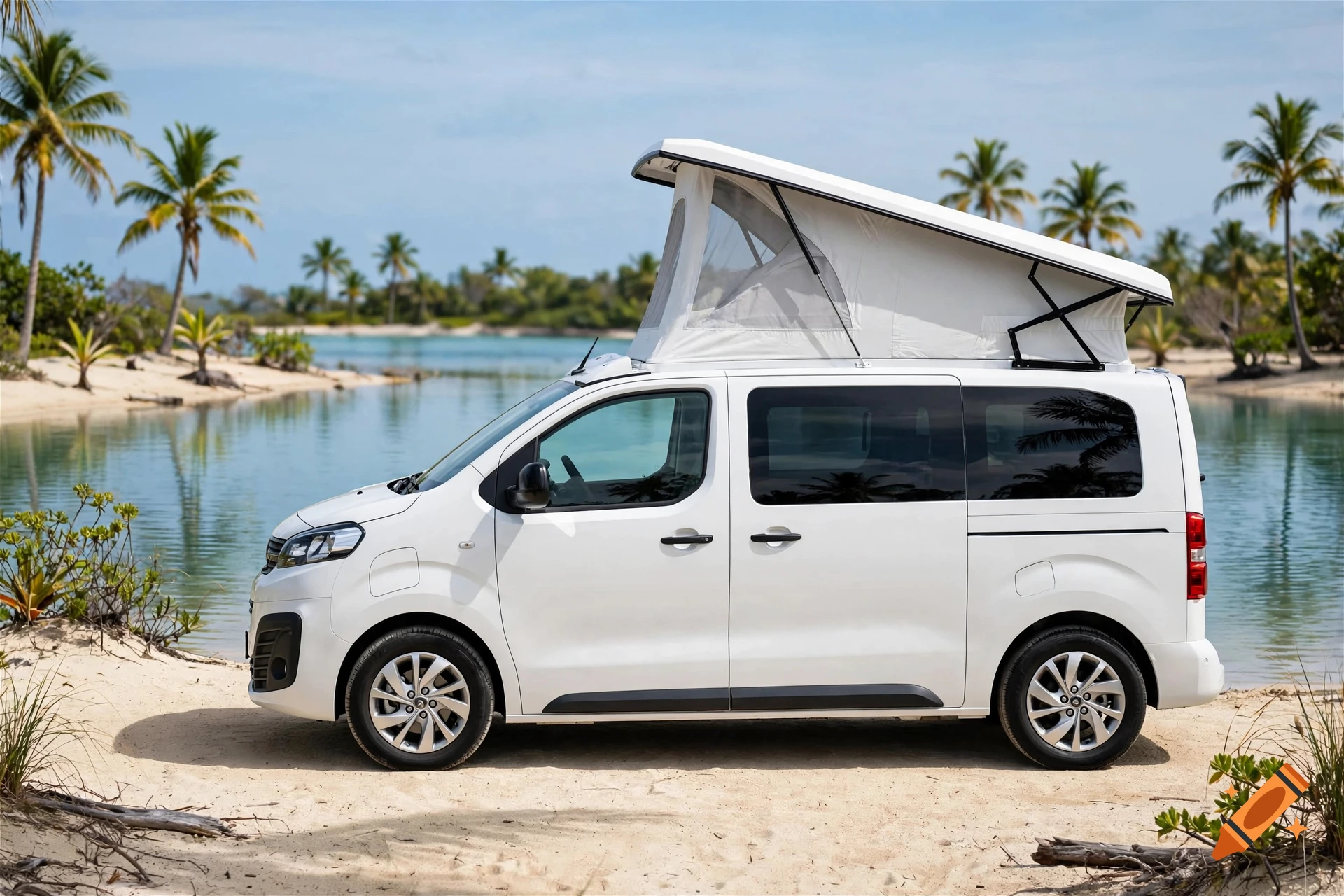 A white campervan with a pop-up roof parked on a sandy beach next to clear blue water and tropical palm trees, photorealistic.