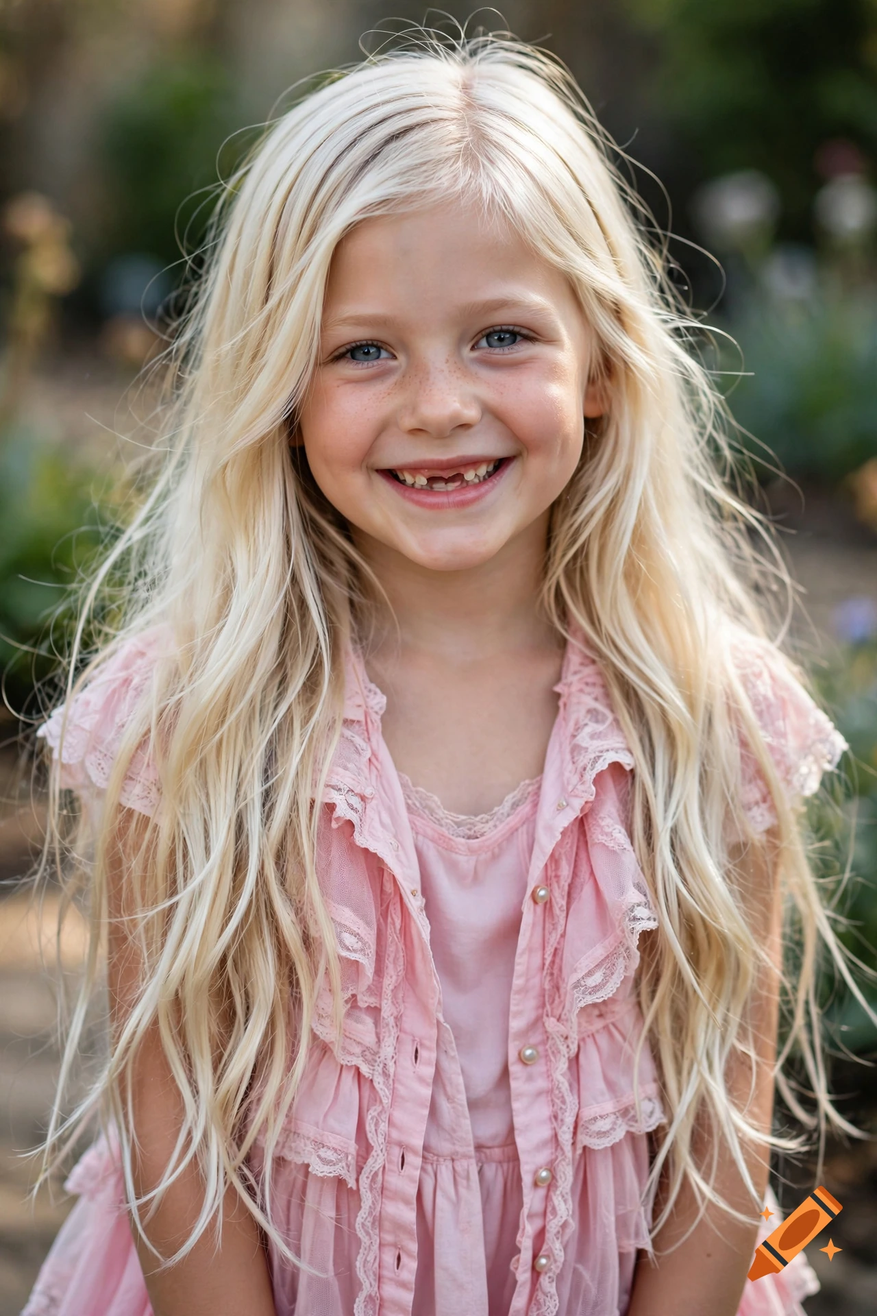 Photorealistic close-up portrait of a smiling young girl with very long platinum blonde hair and missing teeth, wearing a pink lace dress.