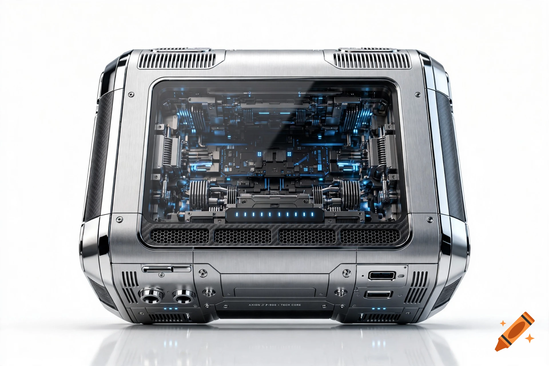 Photorealistic image of a futuristic, metallic technological core device with glowing blue interior components on a white background.