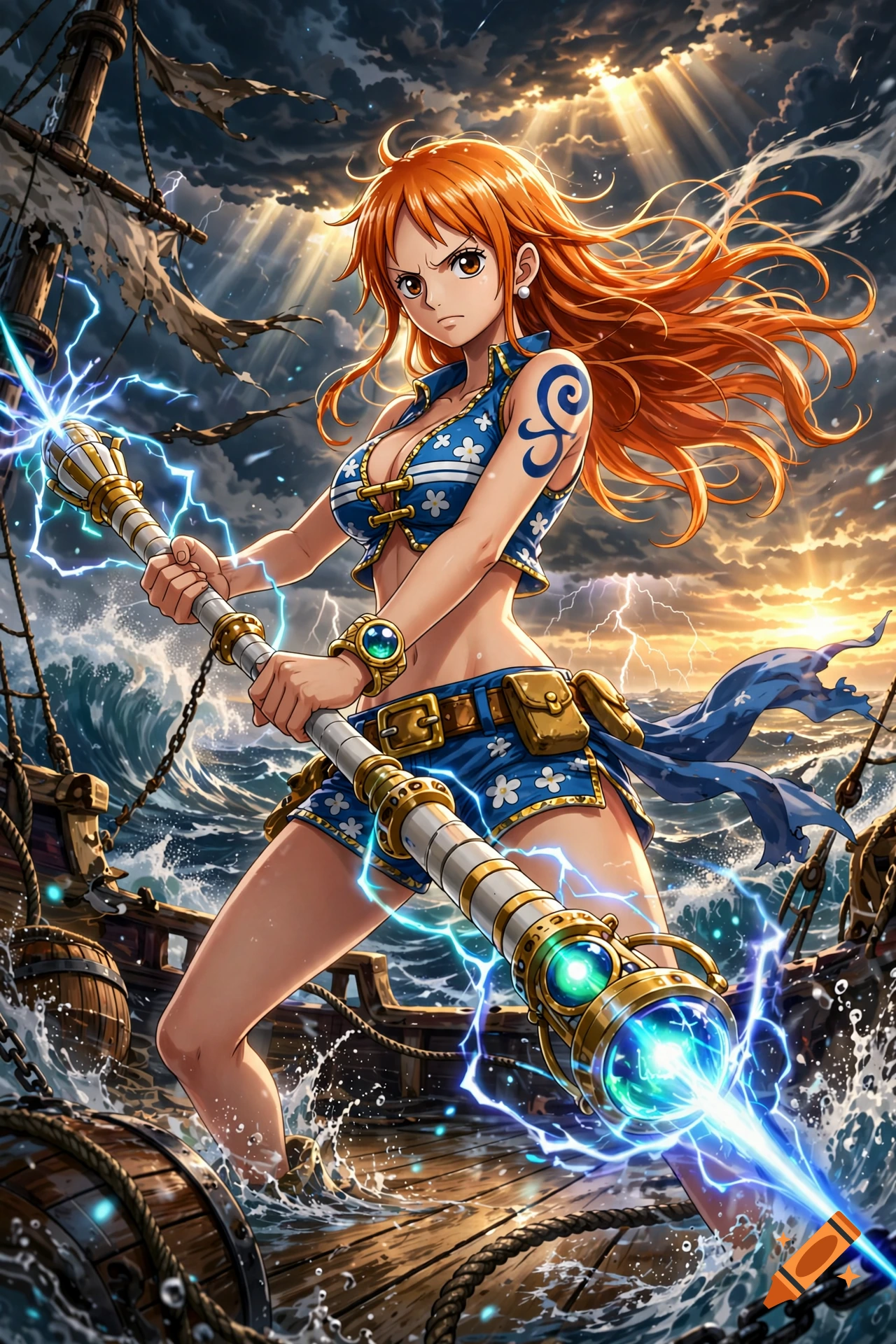 Anime style illustration of Nami from One Piece holding a glowing electrical staff on a ship deck during a storm.