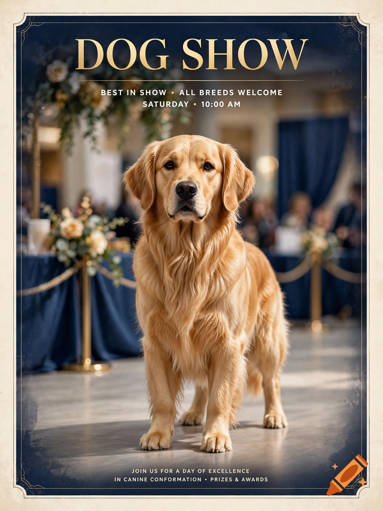 Photorealistic poster for a dog show featuring a standing golden retriever in a decorated hall under the text DOG SHOW.