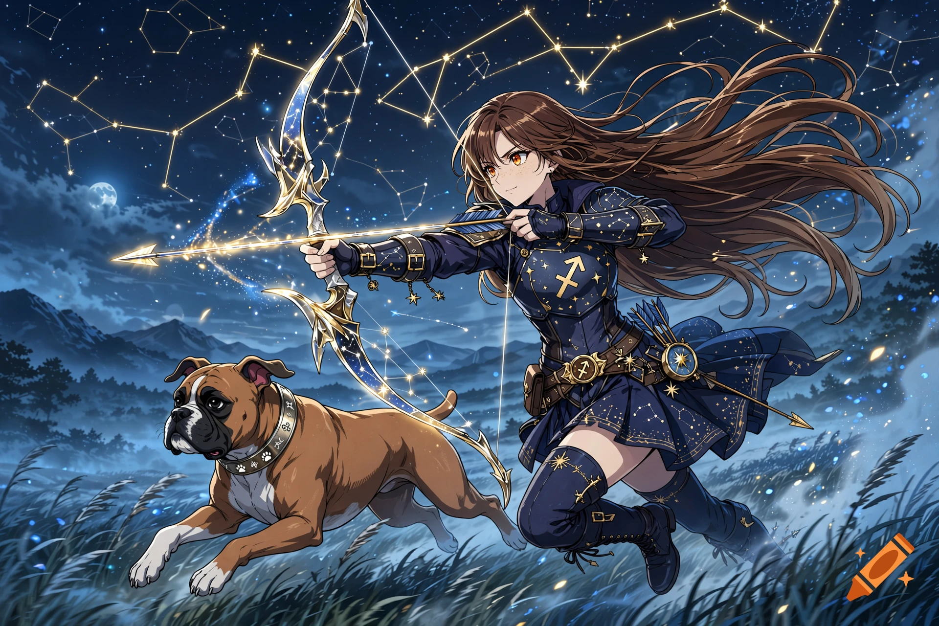 Anime style illustration of a female archer representing Sagittarius with a boxer dog companion running through a starry night landscape.