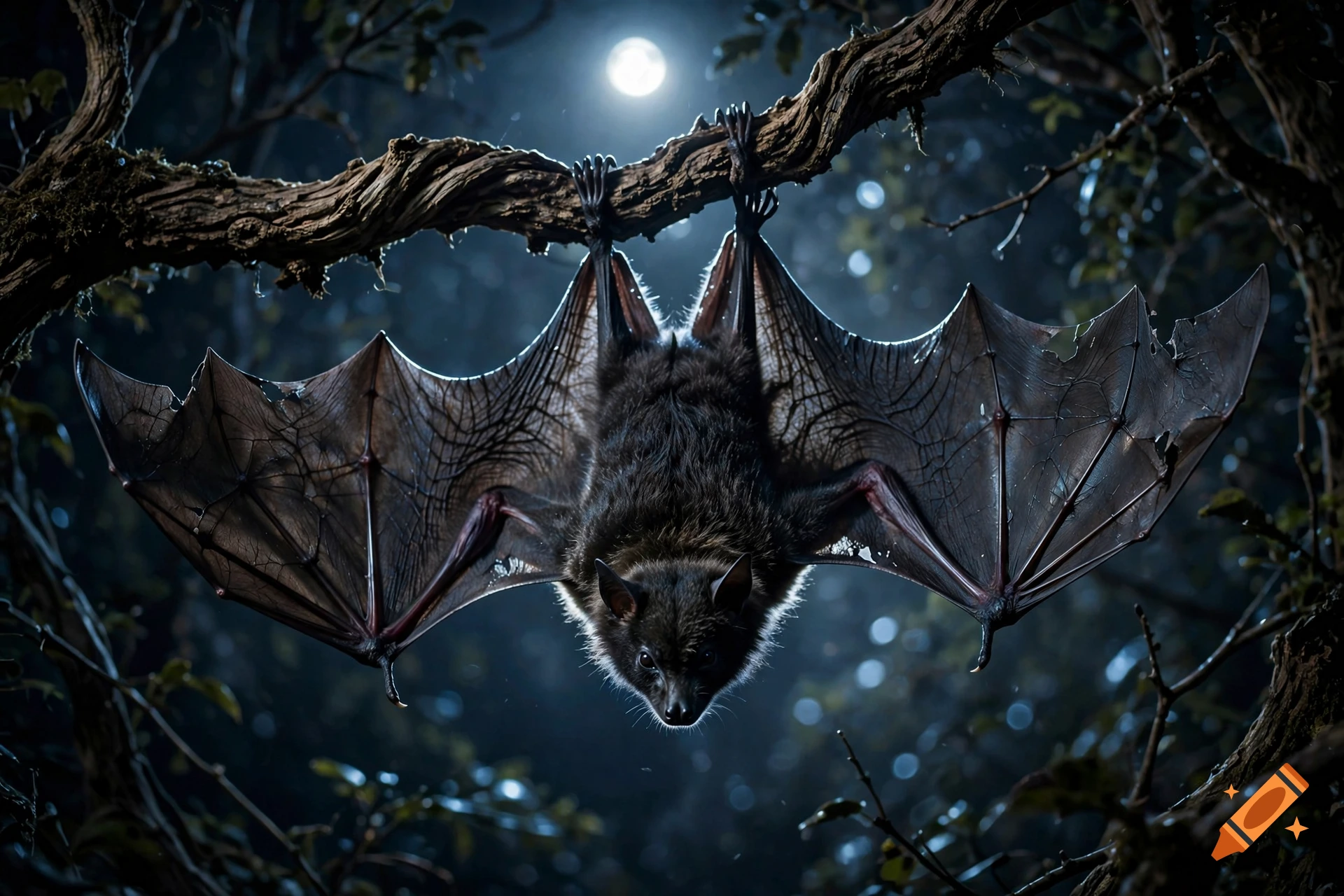 A photorealistic gothic bat hanging upside down from a tree branch with its wings spread wide at night under a full moon.