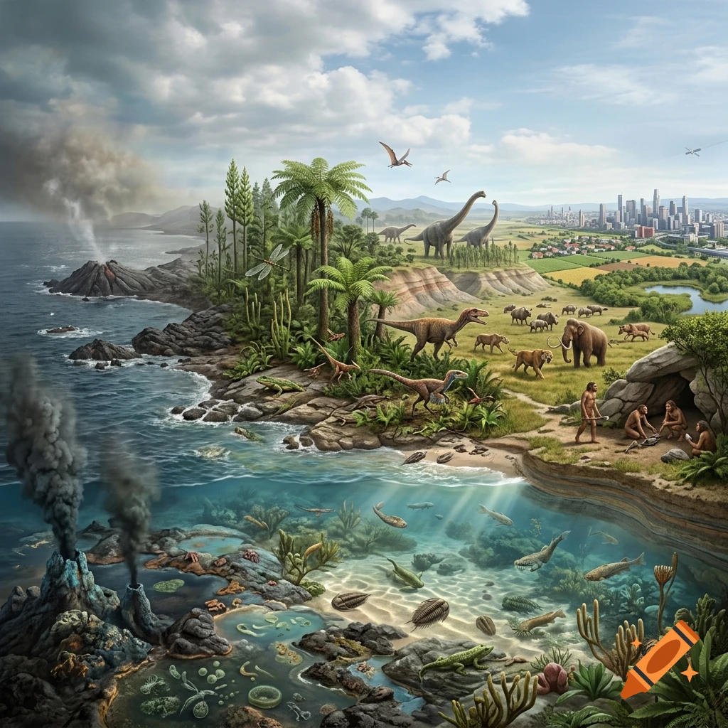 Detailed chronological illustration showing the history of life on Earth from ancient microorganisms and dinosaurs to modern cities.