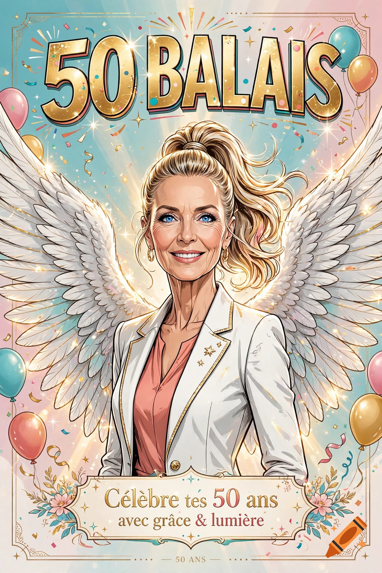 Birthday poster illustration of a blonde woman with angel wings, smiling with balloons and confetti, comic book style.