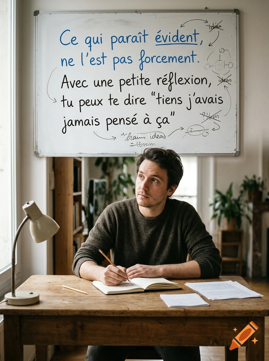 A man sitting at a wooden desk writing in a notebook, with a whiteboard behind him featuring French handwritten text.