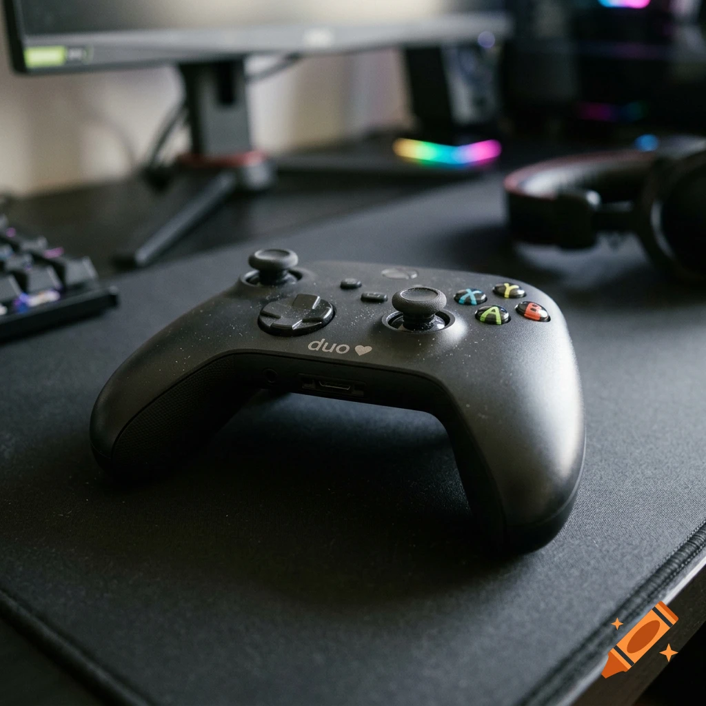 Close-up of a black Xbox controller on a gaming desk, featuring the text duo and a heart.
