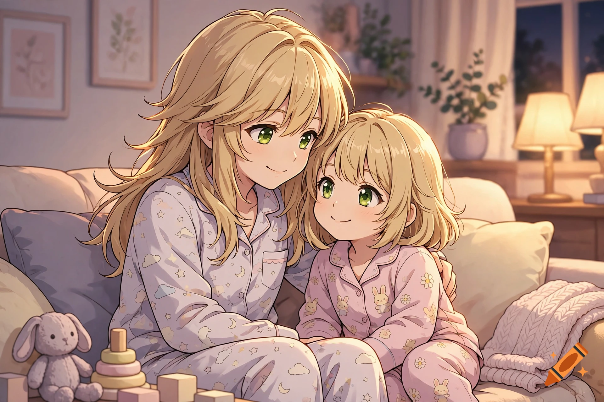 Anime style illustration of two blonde-haired sisters in matching pajamas sitting together on a living room couch.