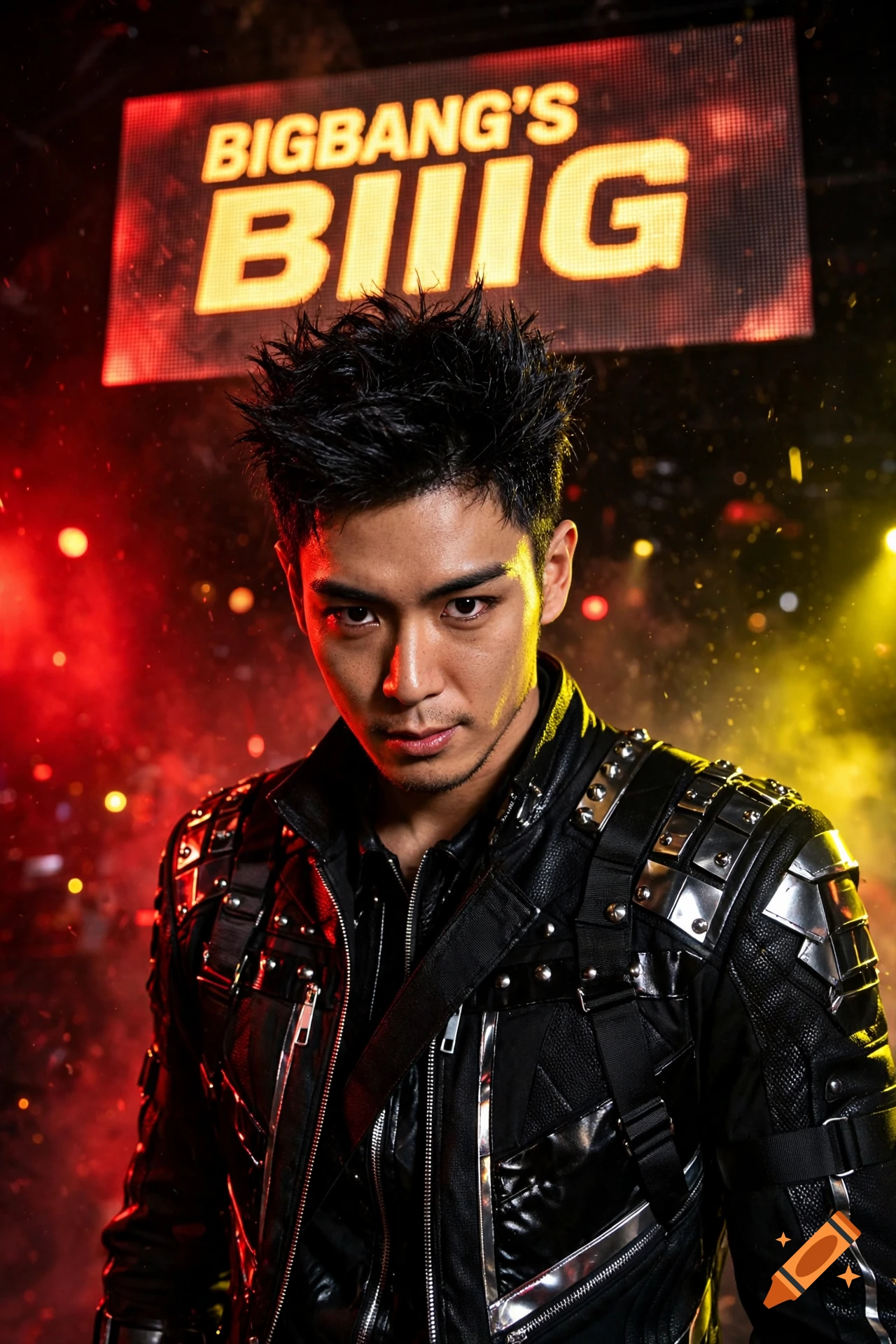 Close-up portrait of a man with spiky black hair and a studded black leather jacket against a red and yellow lit background with a glowing screen overhead.