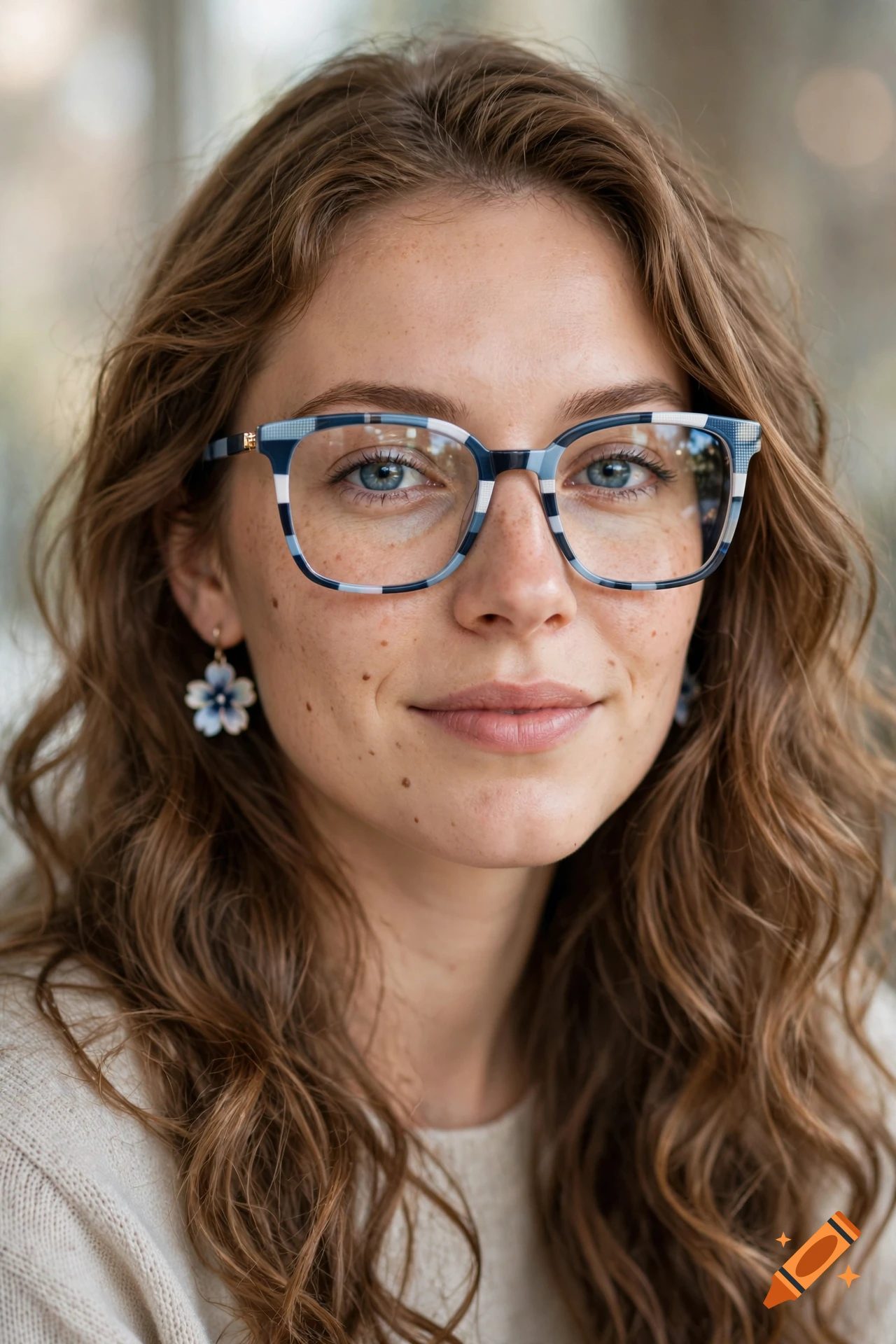 Close-up photorealistic portrait of a 28-year-old woman with light brown curly hair, blue eyes, freckles, wearing blue and white patterned glasses and flower earrings.
