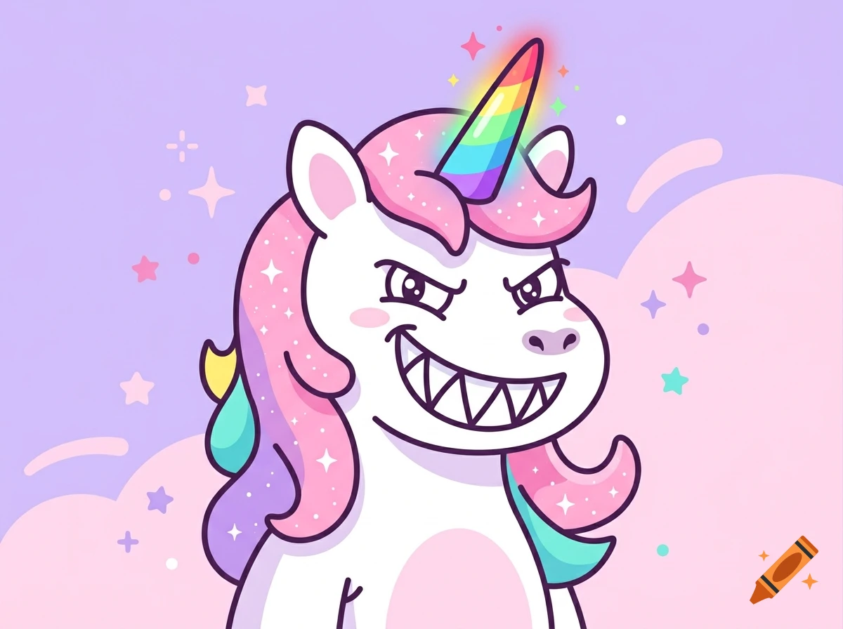 Digital cartoon illustration of a white unicorn with a pink sparkly mane, rainbow horn, and a mischievous evil smile against a purple and pink background.