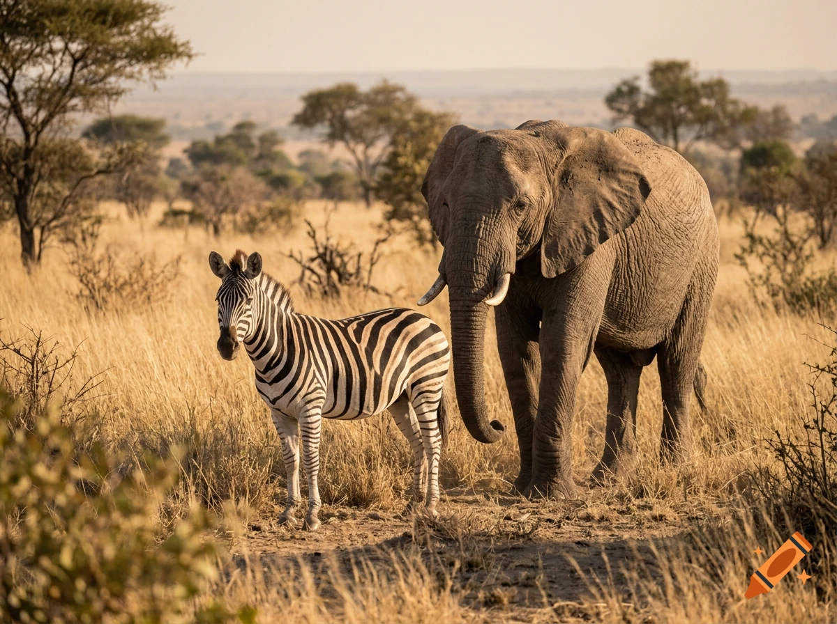 A zebra and an elephant standing together in a dry grassy savanna.