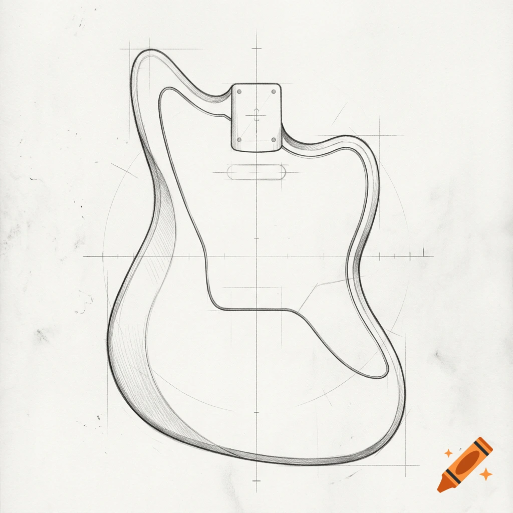 Pencil sketch technical drawing of a custom guitar body design with alignment lines and crosshairs on white paper.