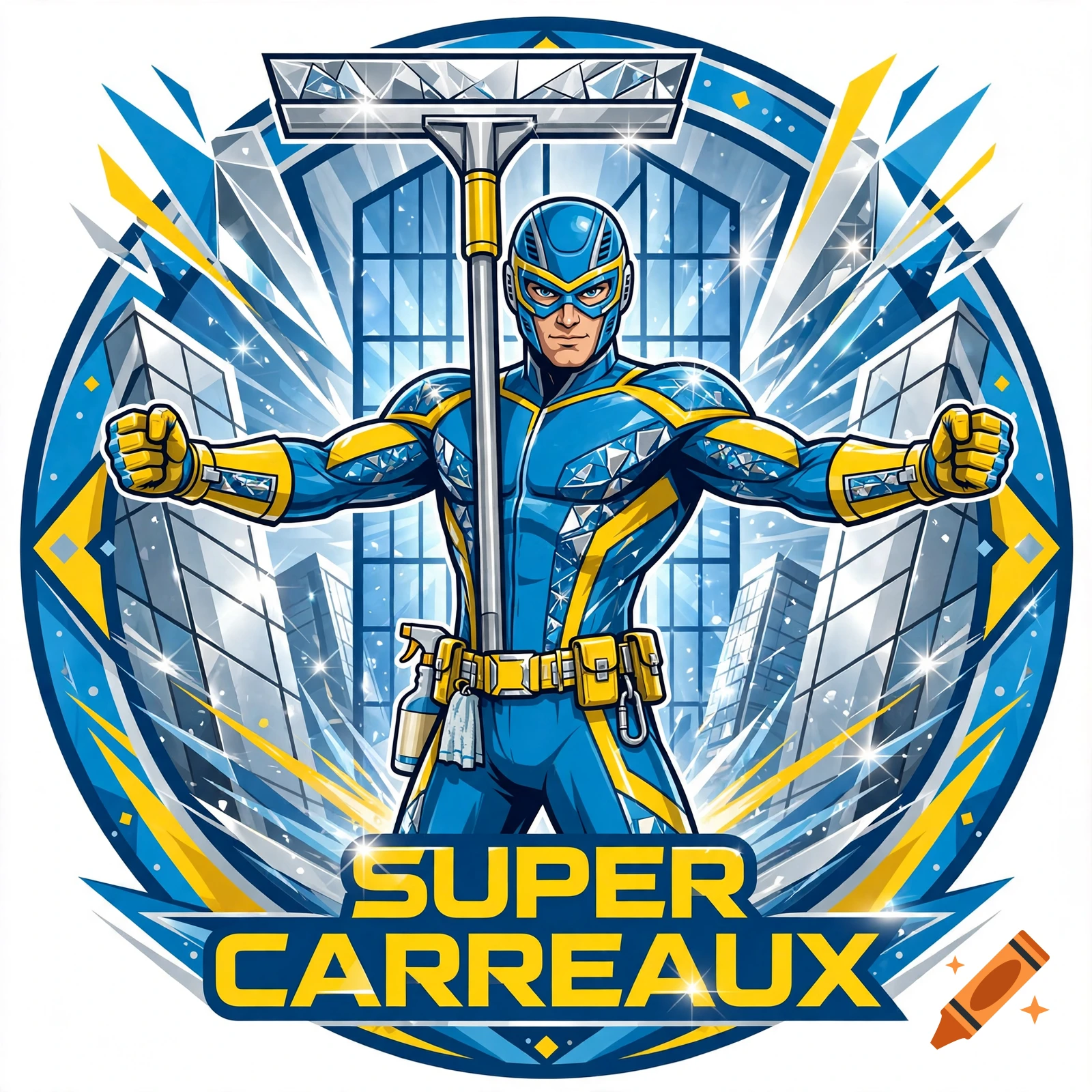 Superhero window cleaner holding a squeegee with the text SUPER CARREAUX in a dynamic comic book logo style.