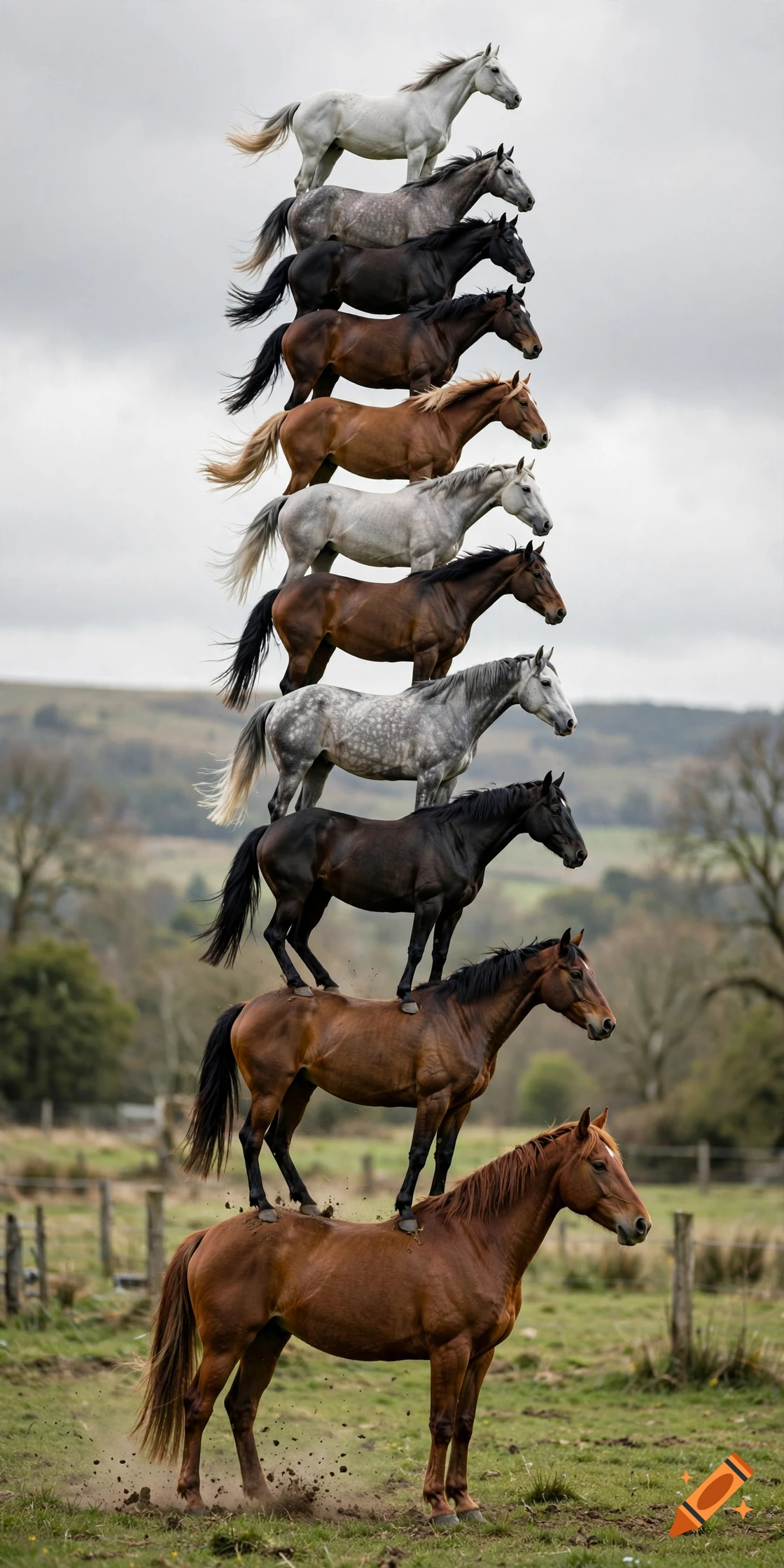 Photorealistic image of a towering vertical stack of ten horses standing on each other's backs in a grassy field.