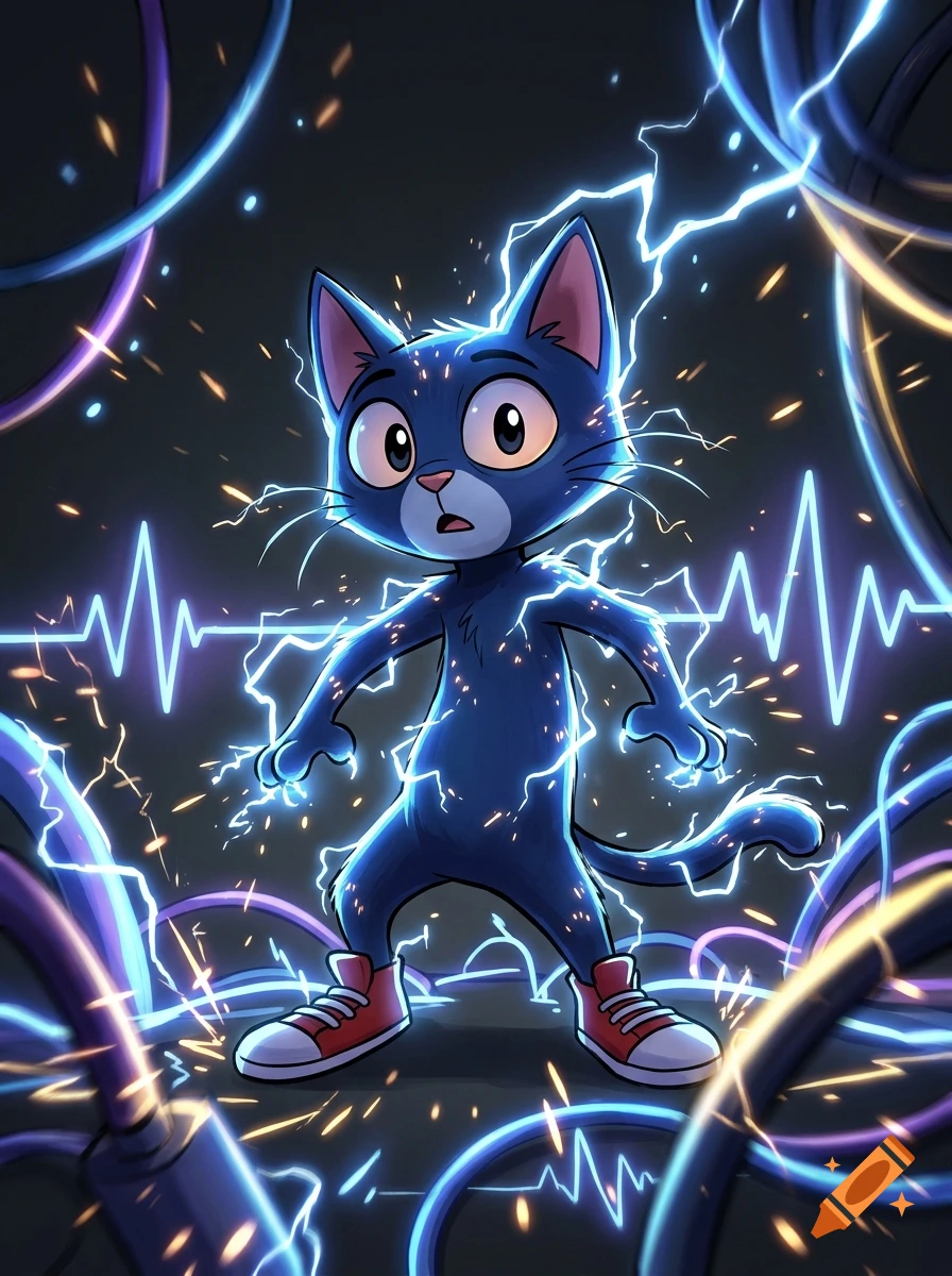 Digital illustration of a blue cartoon cat with red sneakers being electrified by glowing wires in a dark room.
