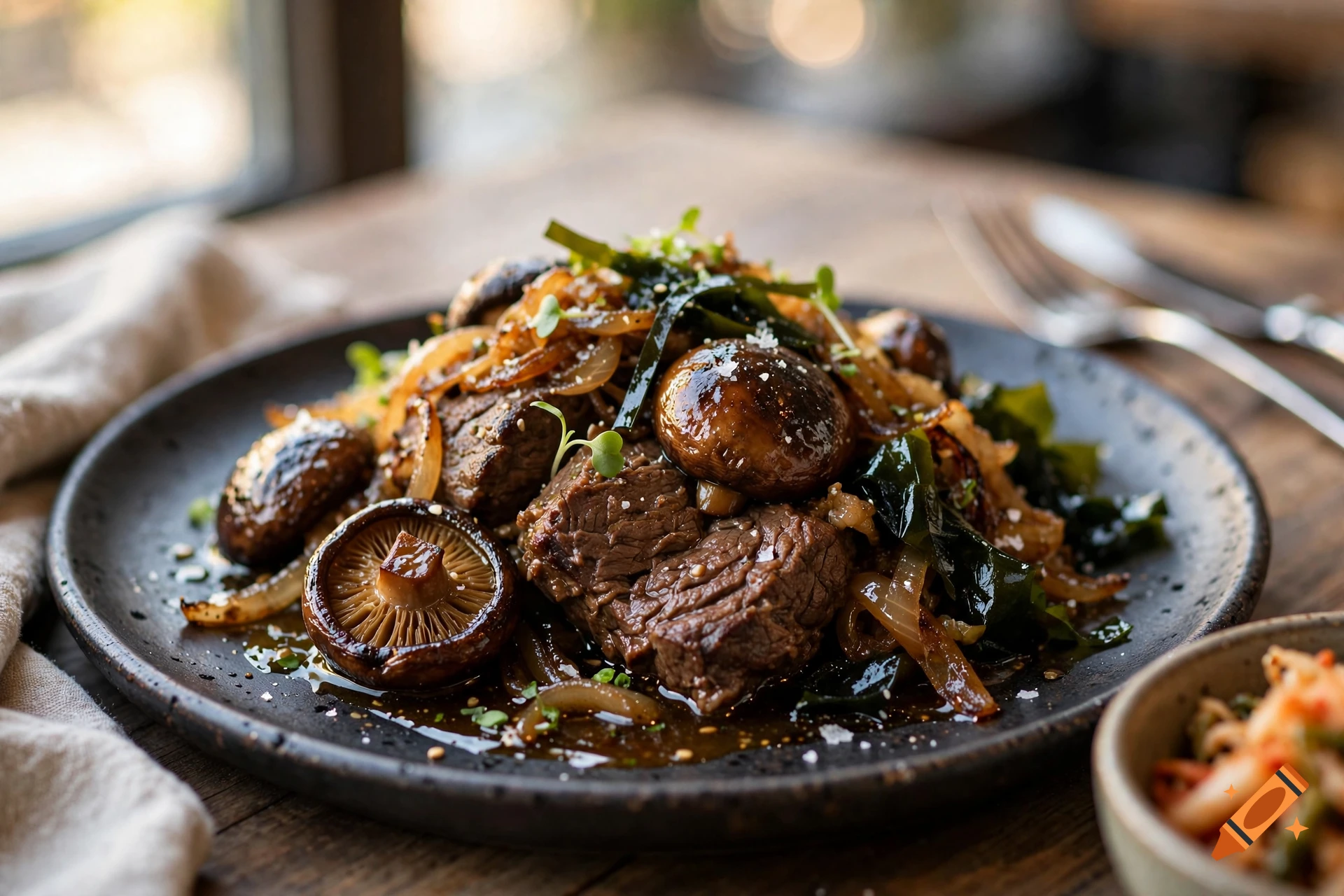 Close-up photorealistic shot of a savory meat and mushroom dish with onions and herbs served on a dark rustic plate.