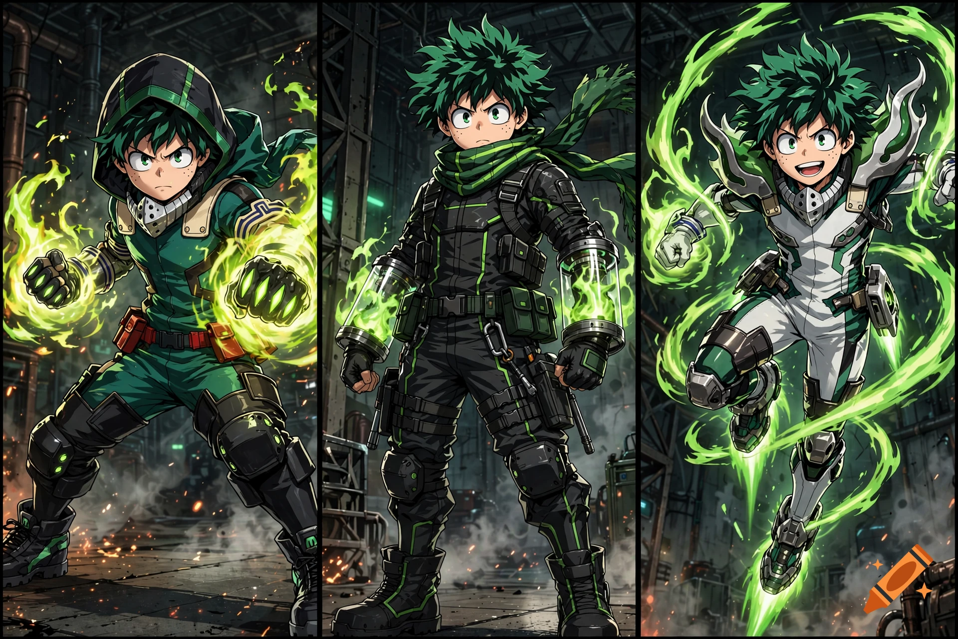 Three-panel anime style illustration of Deku from My Hero Academia wearing different tactical hero costumes with green pyrokinesis flames in a factory setting.