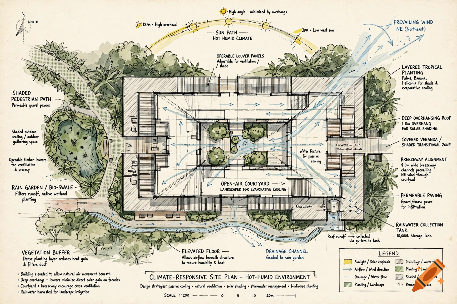 Detailed architectural site plan and climate-responsive design strategies illustrated in a watercolor sketch style.