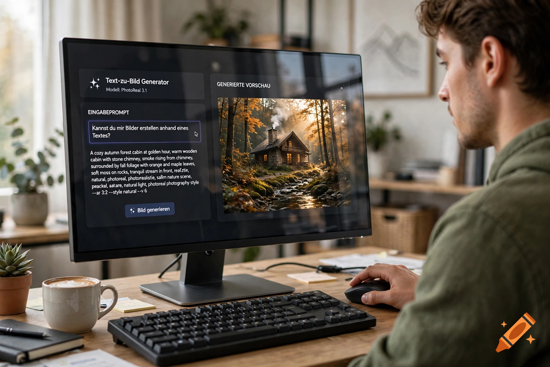 Man sitting at a wooden desk using a computer with an AI generation interface showing a forest cabin.