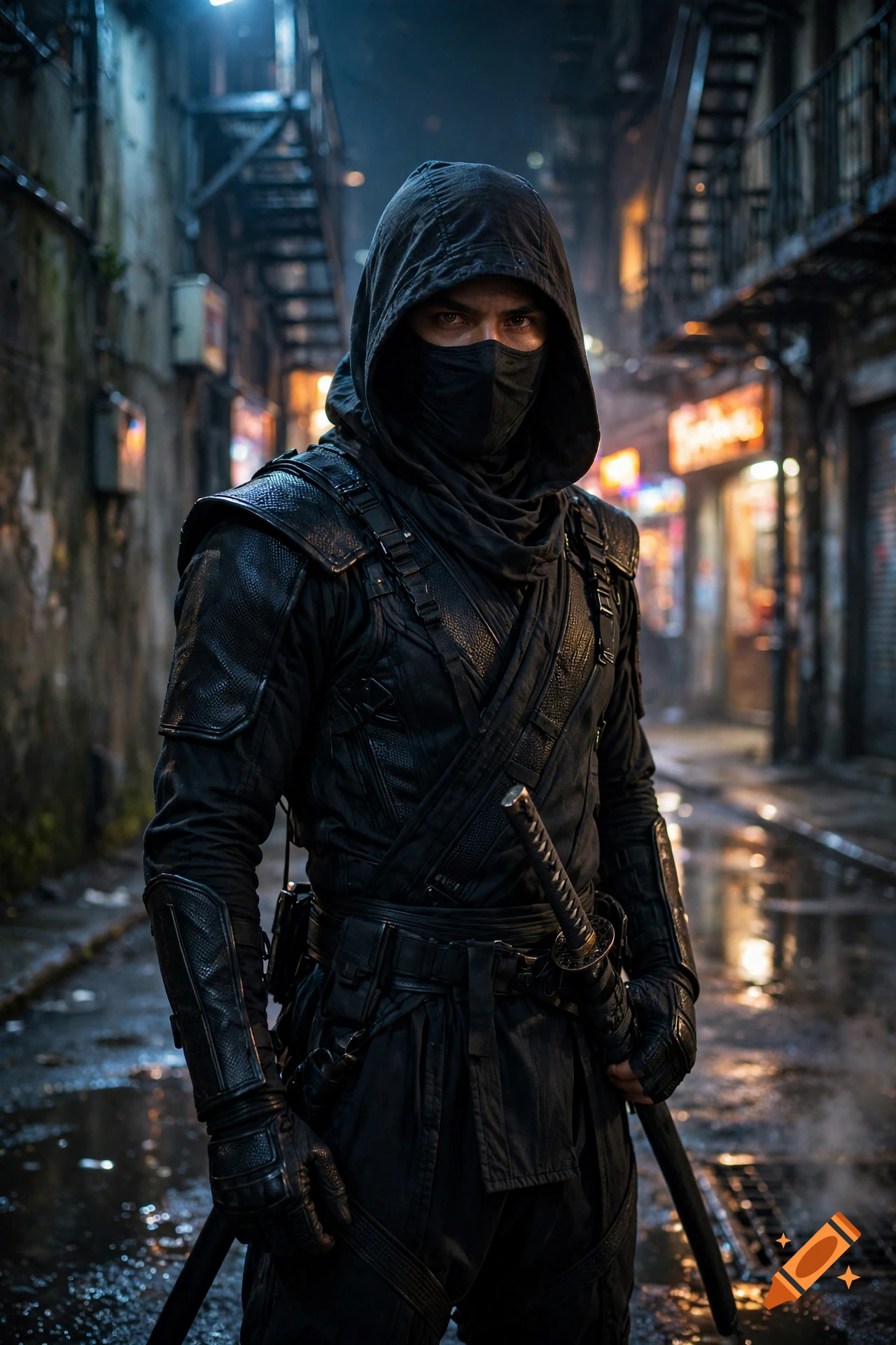 Photorealistic image of a ninja in dark tactical gear and a hood standing in a wet alleyway holding a sword.