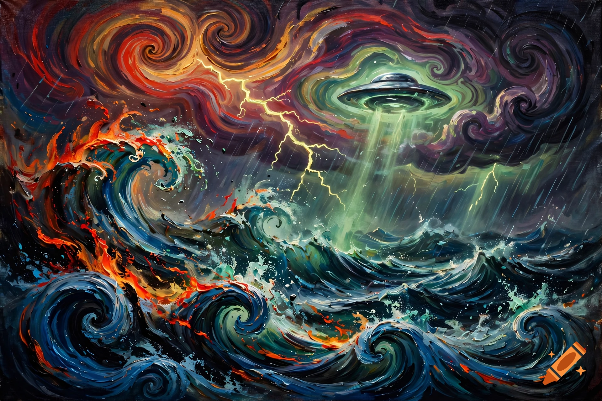 An expressive oil painting of a stormy sea with fiery waves and lightning beneath a swirling sky, with a UFO hovering.