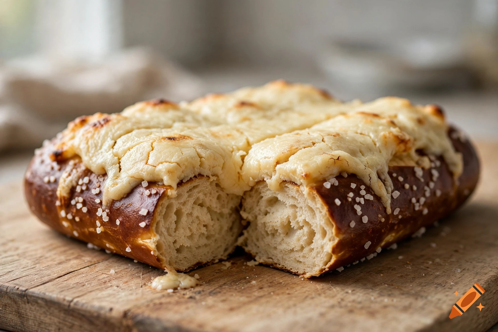 A close-up shot of a warm, cheesy pretzel roll pulled apart on a wooden cutting board, sprinkled with coarse salt.