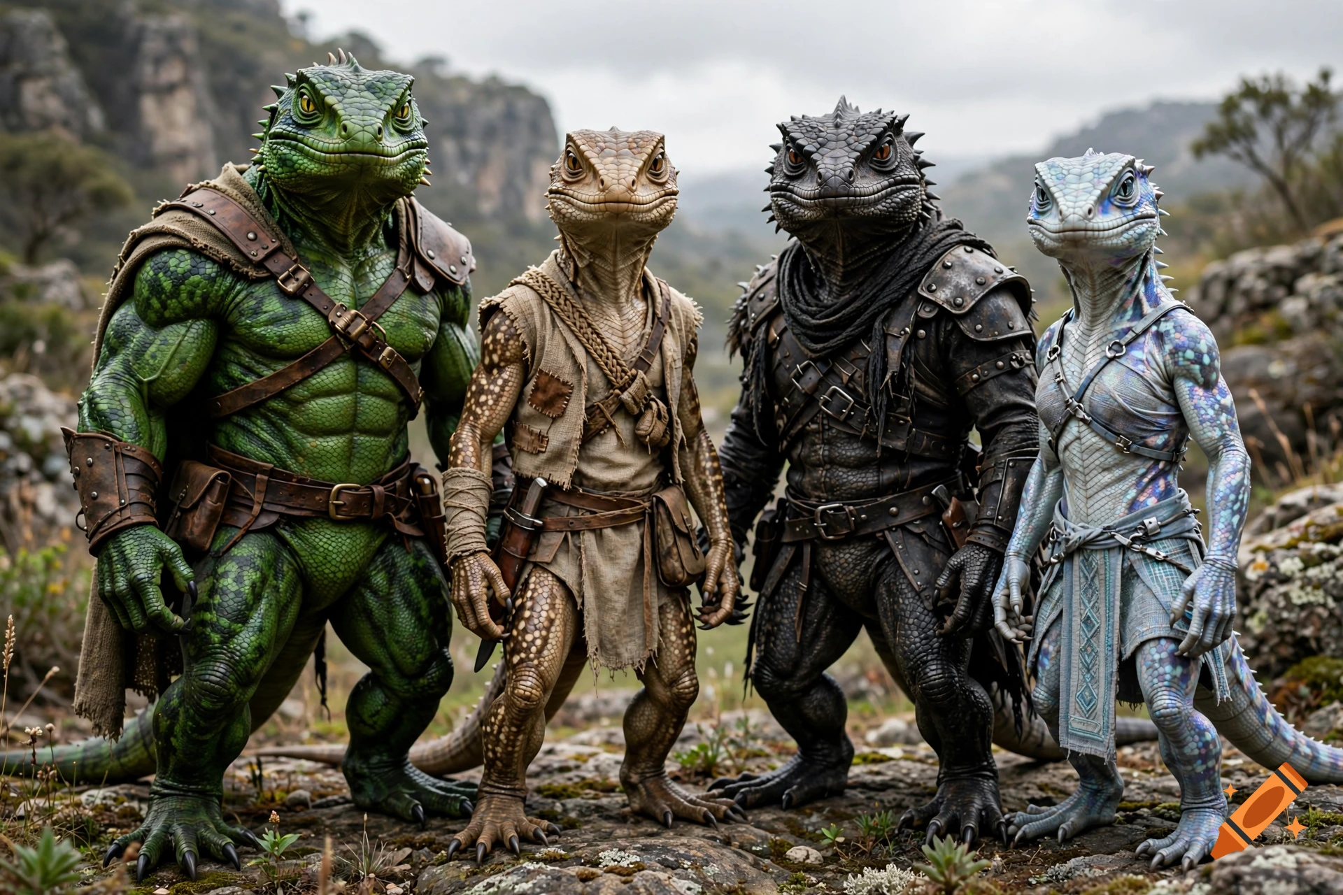 Four distinct anthropomorphic lizard warriors in detailed armor standing on rocky terrain, photorealistic.