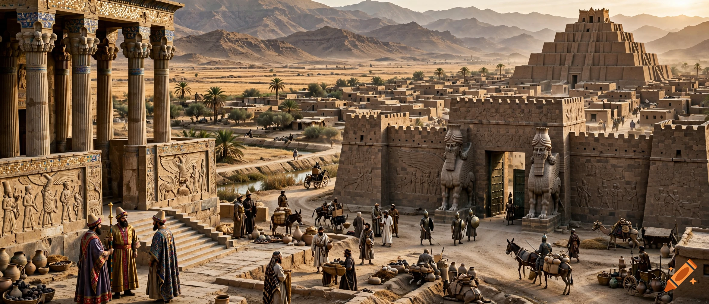 An ancient city with stone buildings, a large stepped ziggurat, and people in historical attire in a desert landscape.