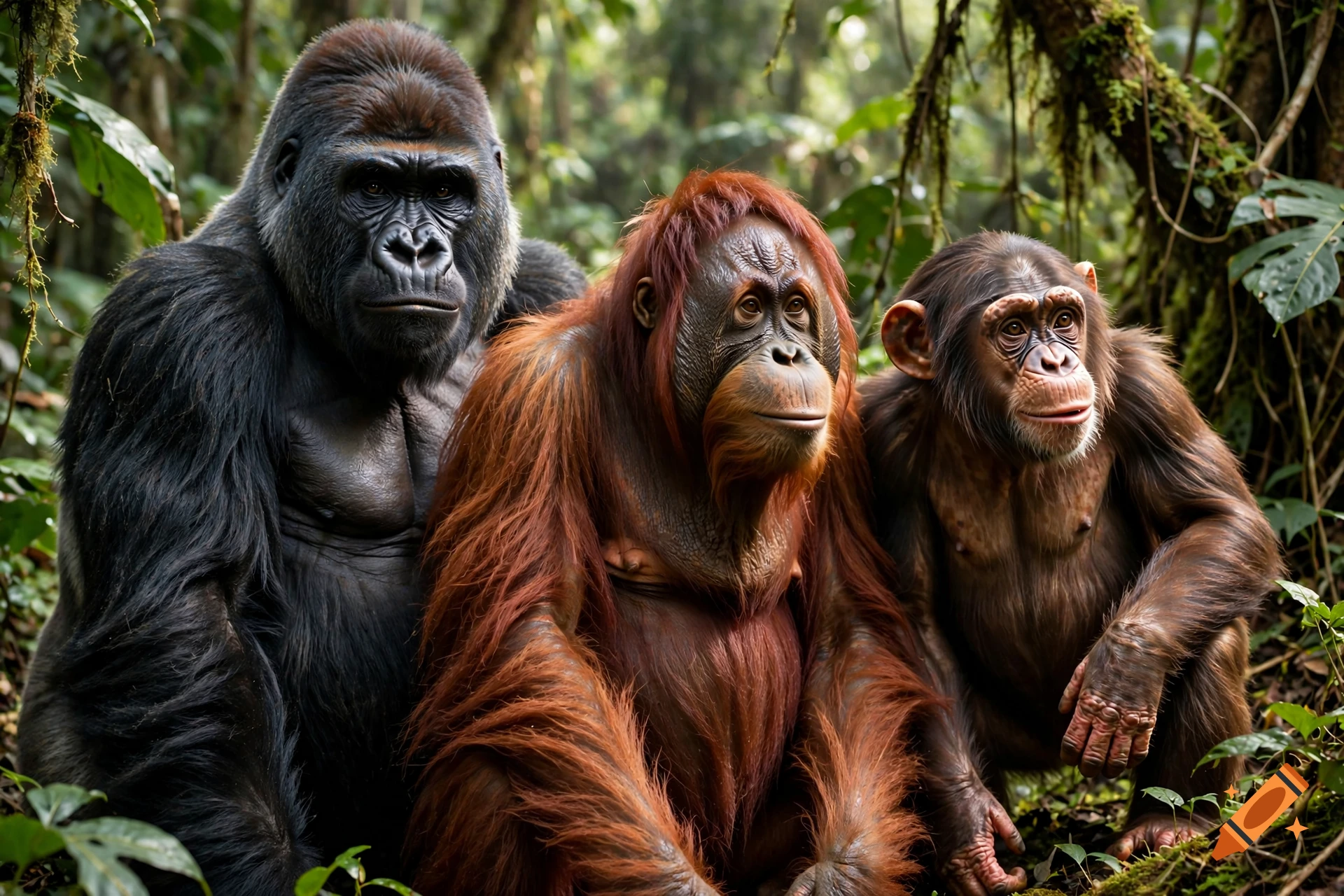 Photorealistic image of a gorilla, an orangutan, and a chimpanzee sitting together in a lush green jungle.