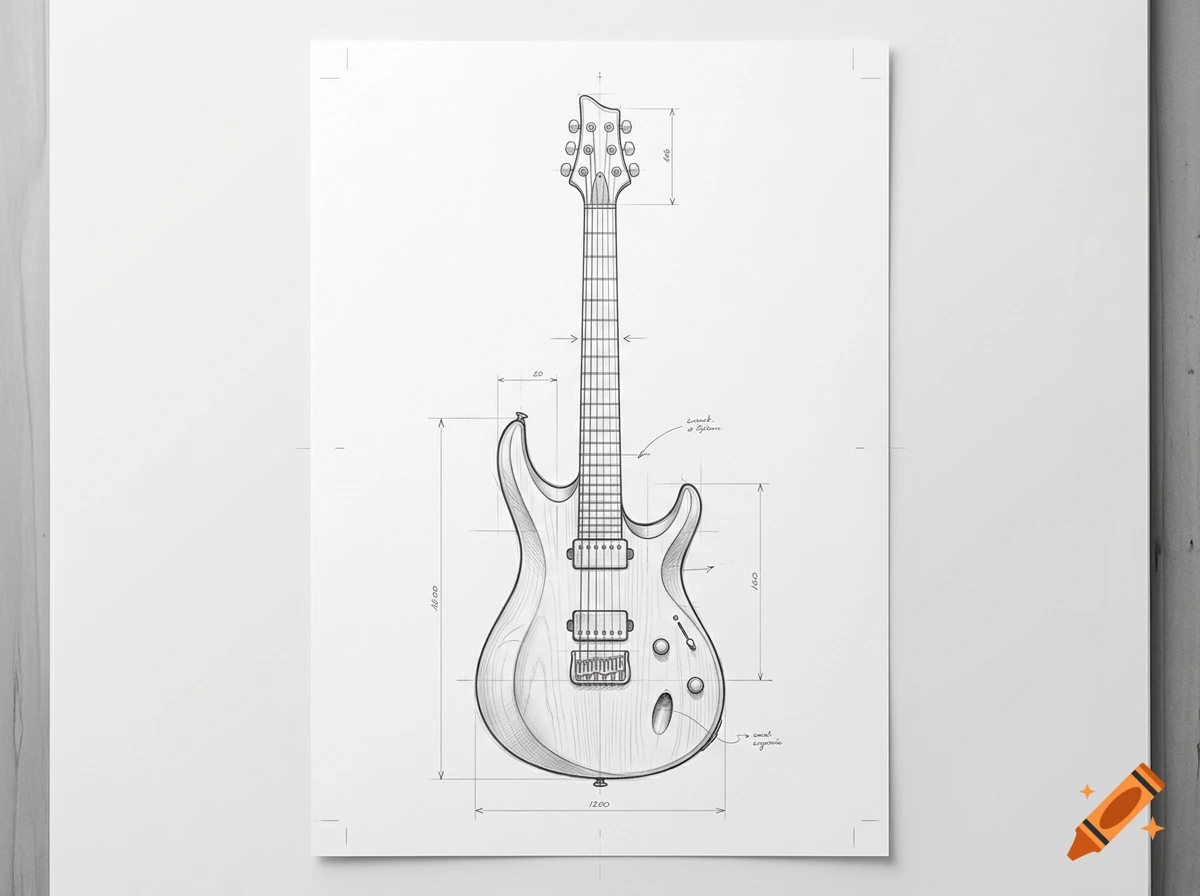 Pencil drawing of a modern electric guitar blueprint with measurement lines and notes on white paper.
