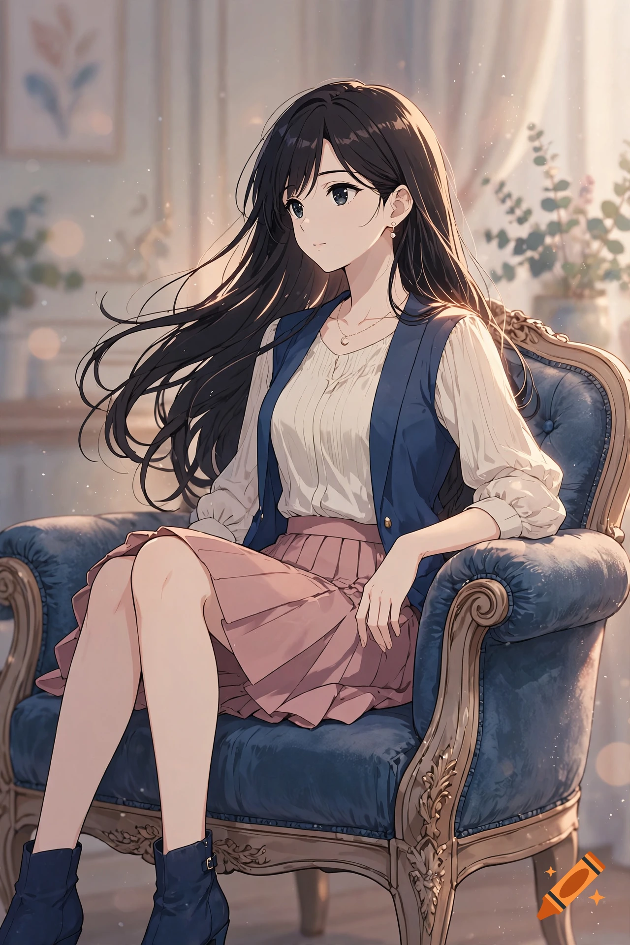 Anime style illustration of a young woman with long dark hair sitting in a blue armchair in a brightly lit room.