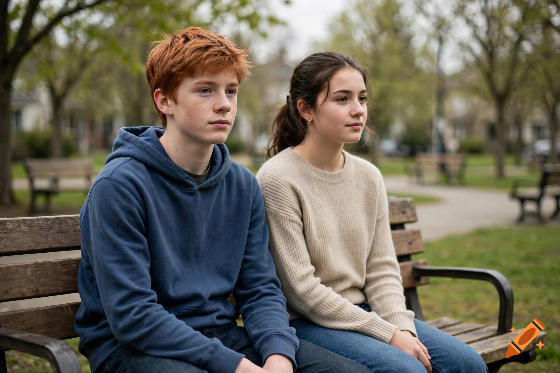 Photorealistic image of a red-haired teenage boy and a dark-haired teenage girl sitting together on a park bench.