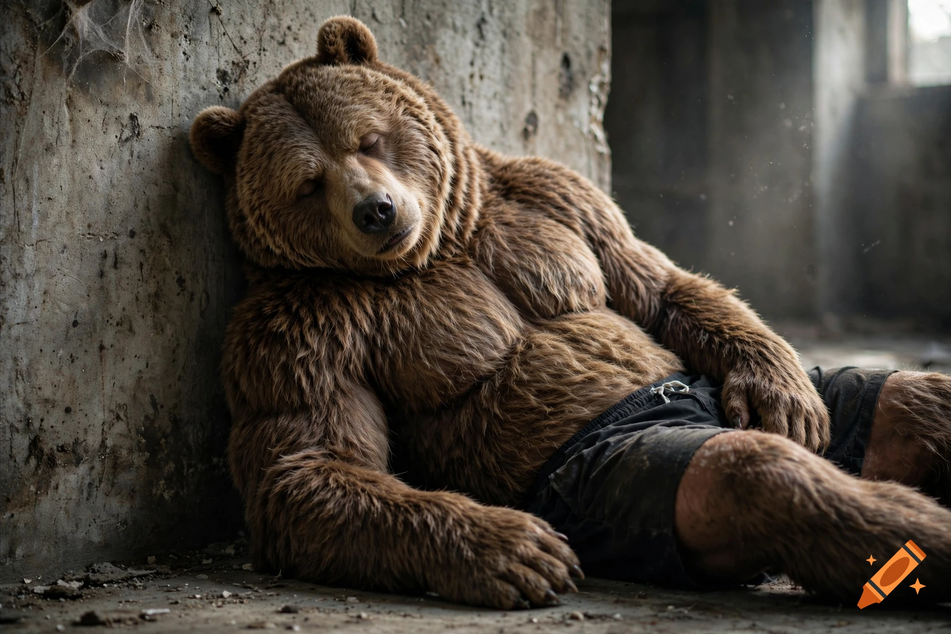 Photorealistic image of a muscular anthropomorphic bear wearing shorts, knocked out and leaning against a concrete wall in a ruined room.